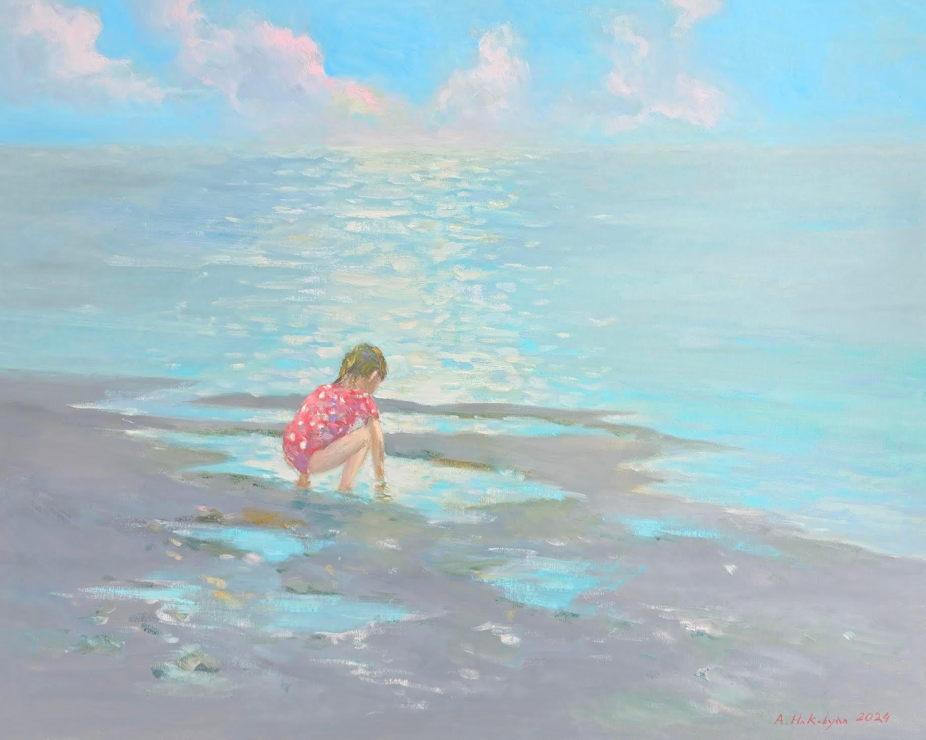 Peinture à l'huile originale impressionniste « At the Foggy Beach », unique en son genre