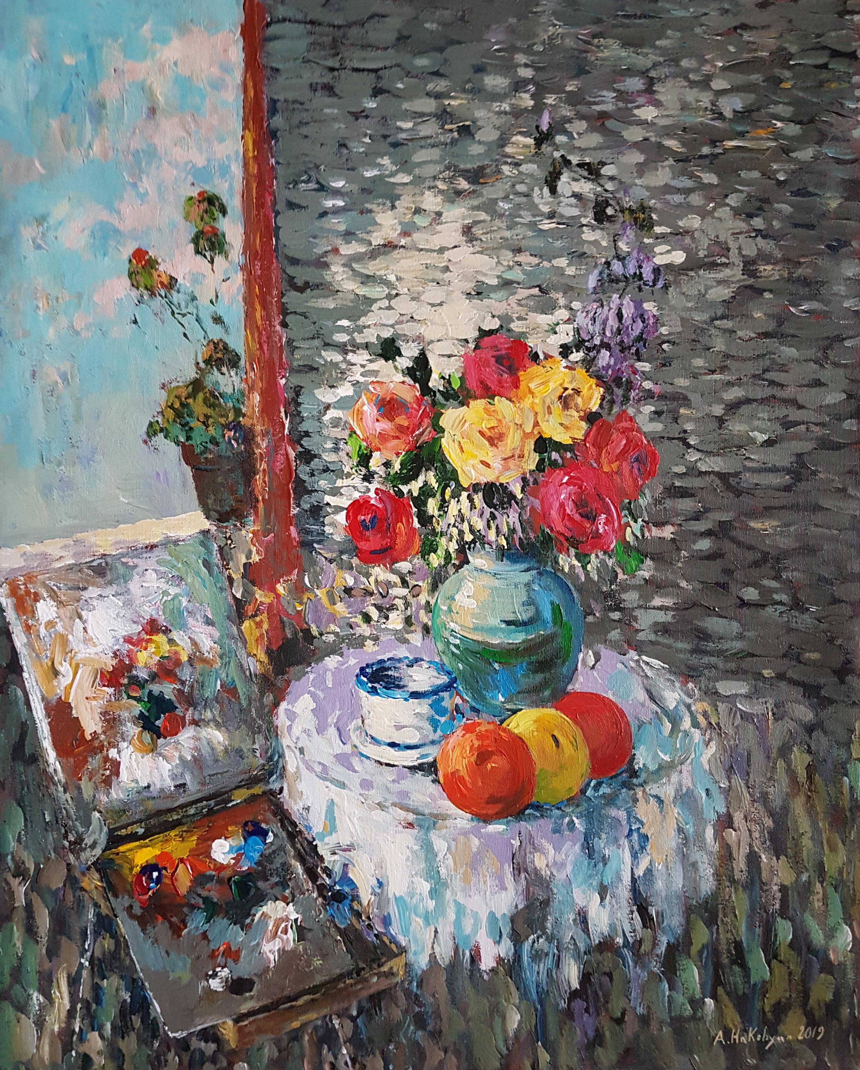 Ara H. Hakobyan Still-Life Painting - At the Window, Original Painting, One of a Kind