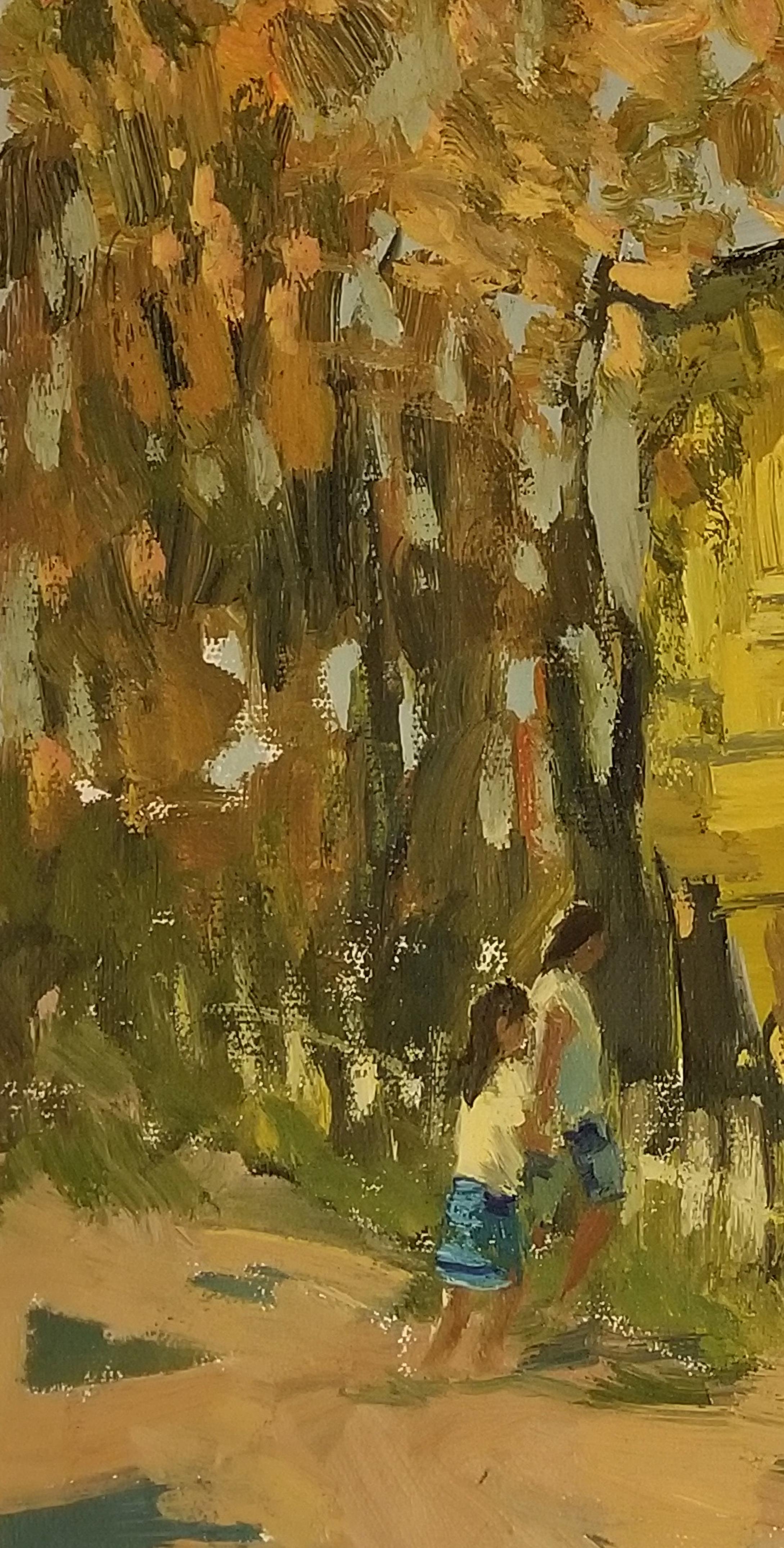 Autumn in the Yard, Impressionismus, Original-Ölgemälde, Unikat – Painting von Ara H. Hakobyan