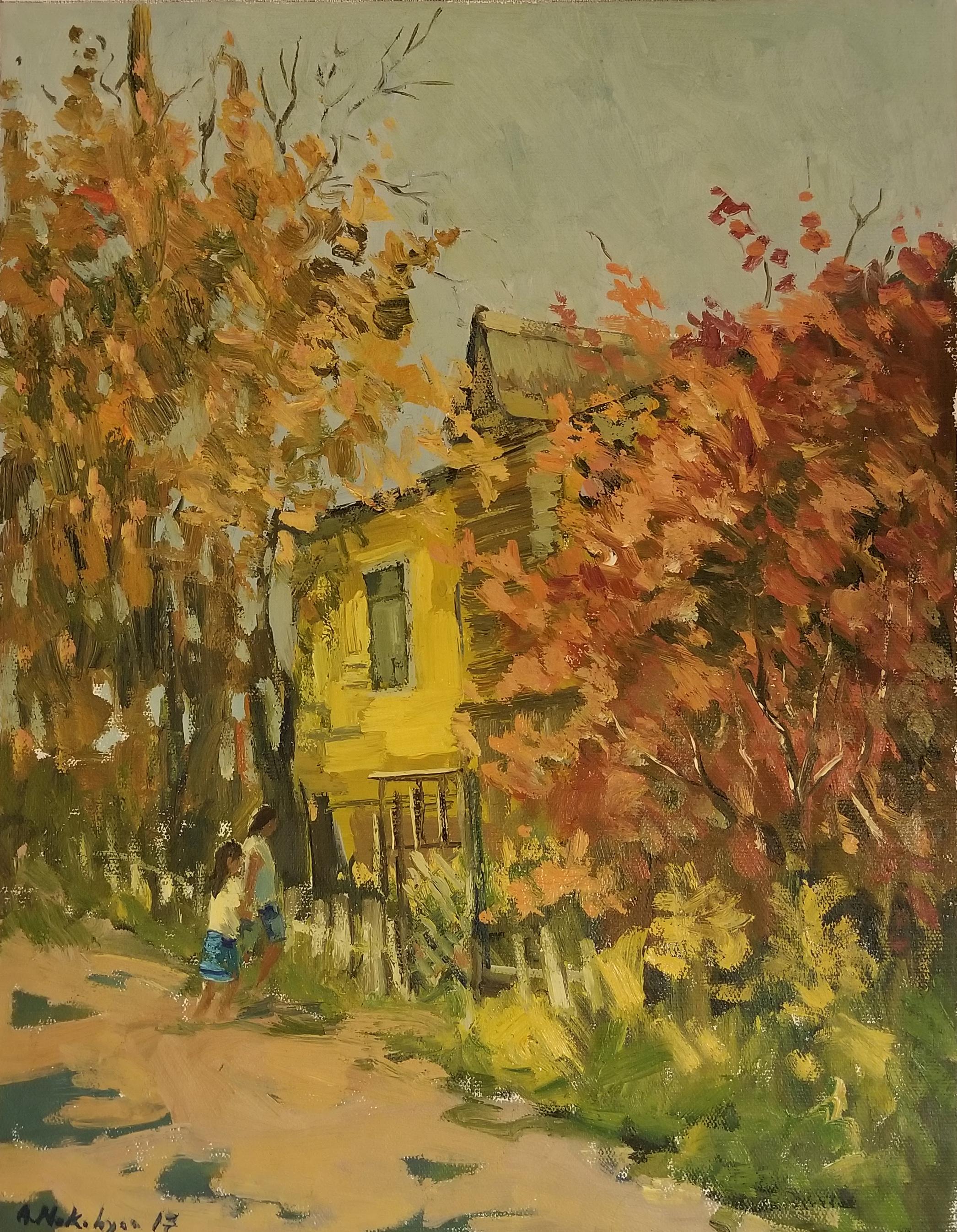 Ara H. Hakobyan Figurative Painting – Autumn in the Yard, Impressionismus, Original-Ölgemälde, Unikat