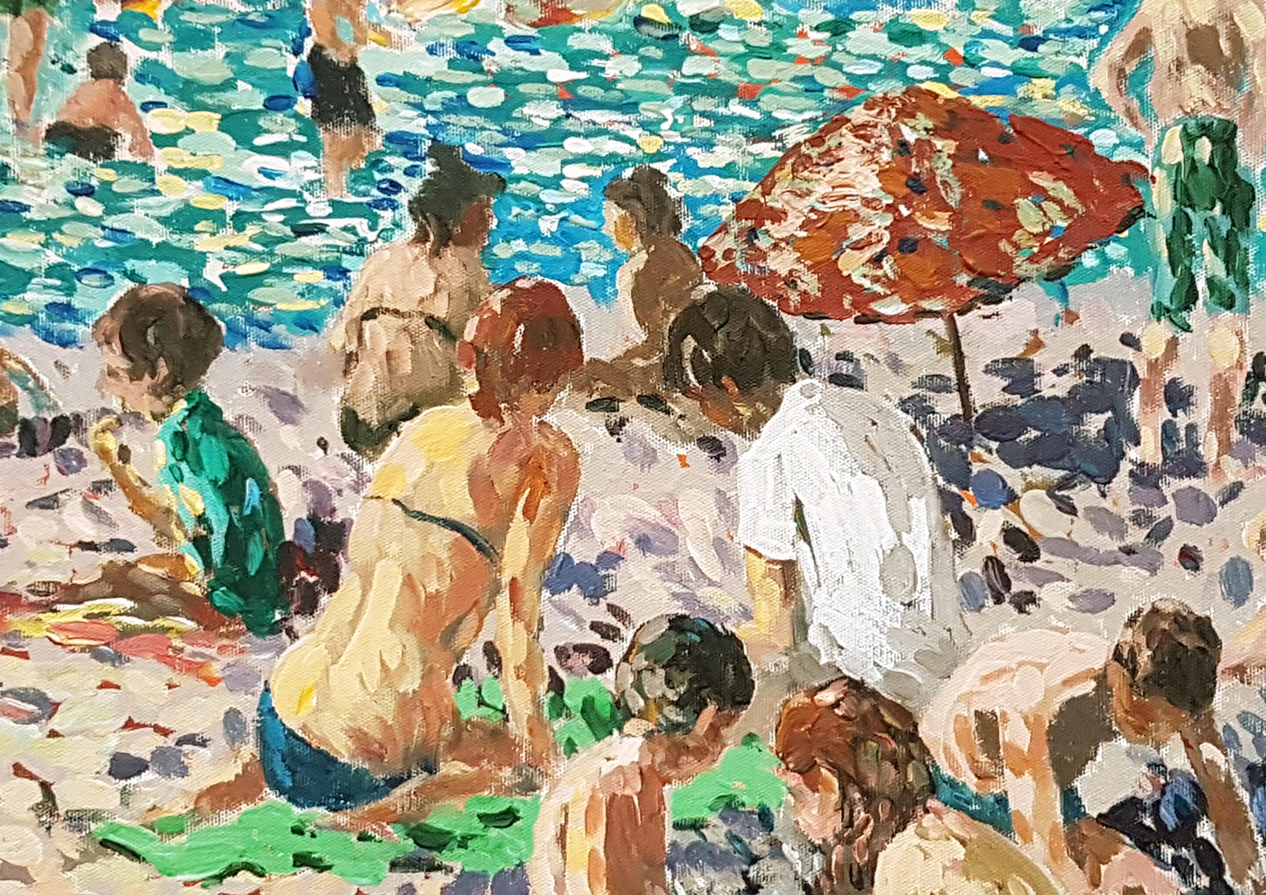 Beach, Coastal, Impressionism, Original Oil Painting, One of a Kind - Gray Figurative Painting by Ara H. Hakobyan
