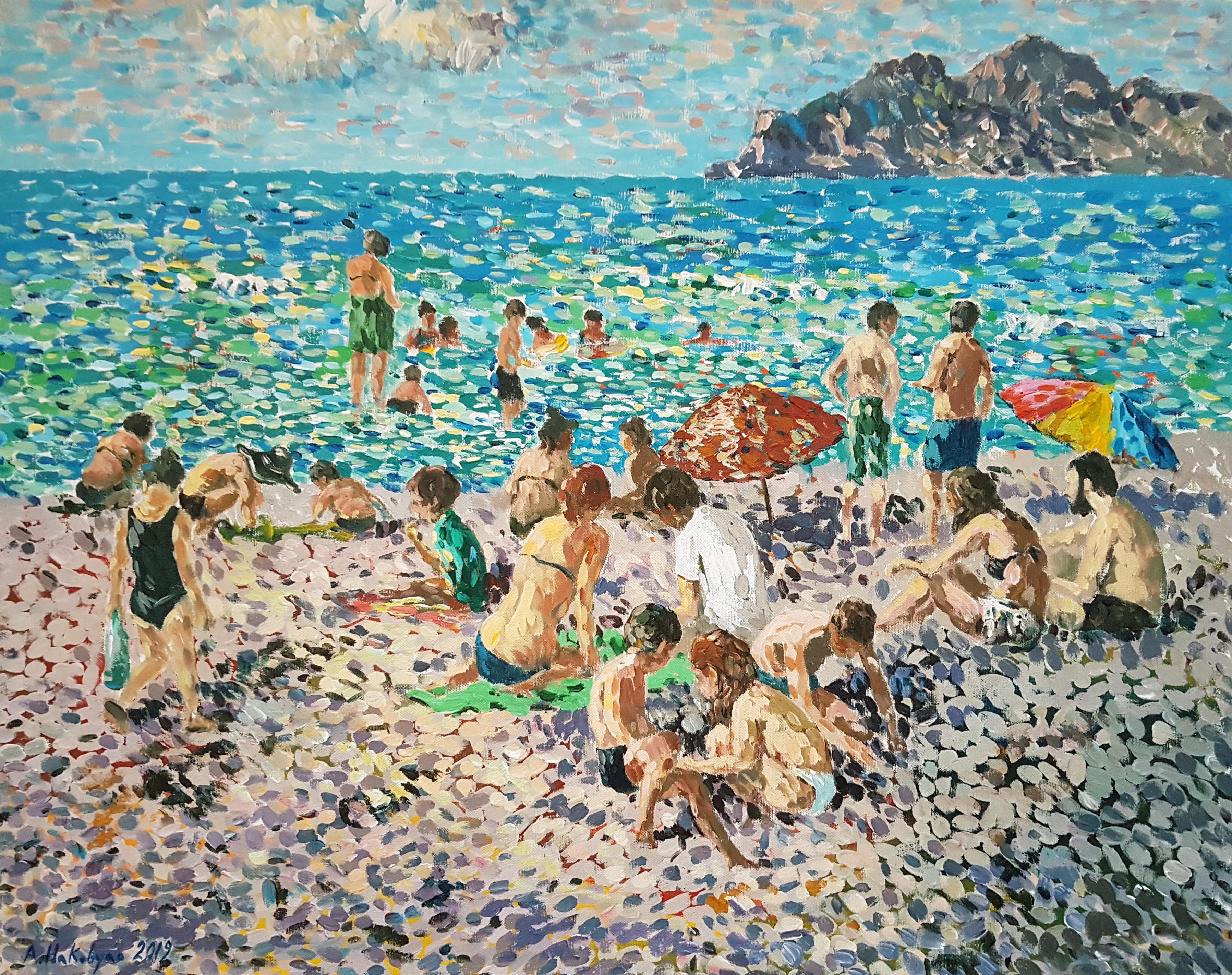 Ara H. Hakobyan Figurative Painting - Beach, Coastal, Impressionism, Original Oil Painting, One of a Kind