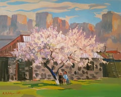 Blossomed Tree at an old House, Original oil Painting, One of a Kind