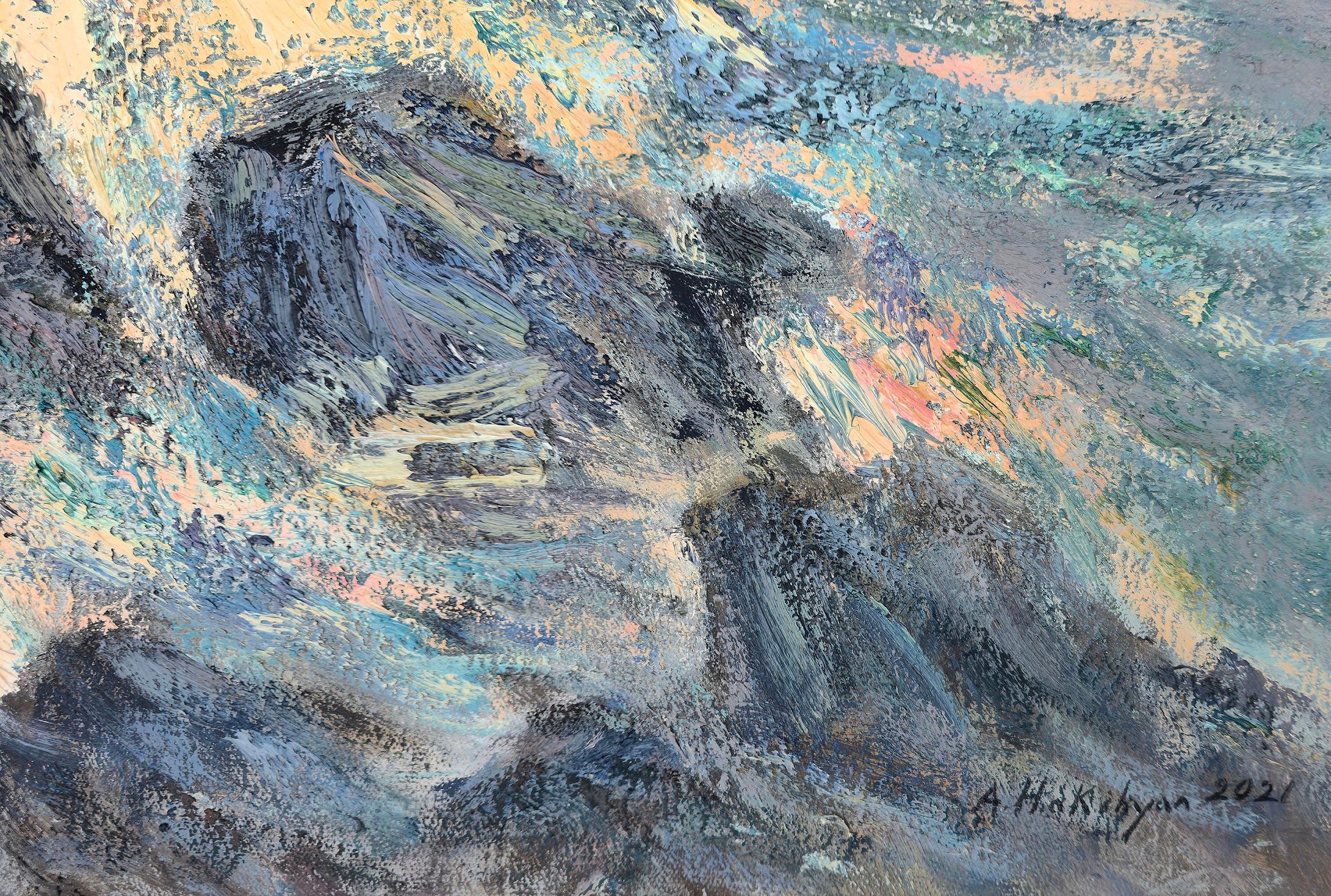 Sulle onde, Figurativo, Costiero, Pittura ad olio originale, Pezzo unico - Figurative Painting Grigio di Ara H. Hakobyan