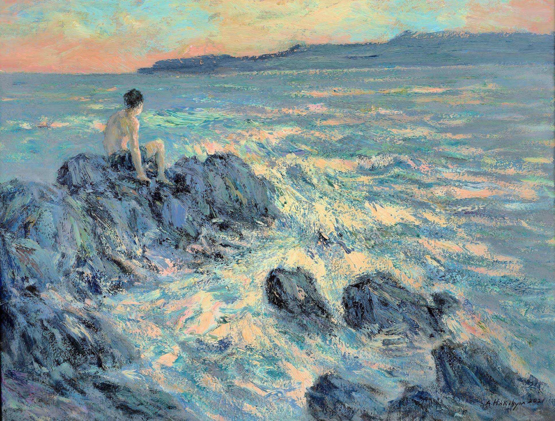 By the Waves, figuratif, côtier, peinture à l'huile originale, unique en son genre