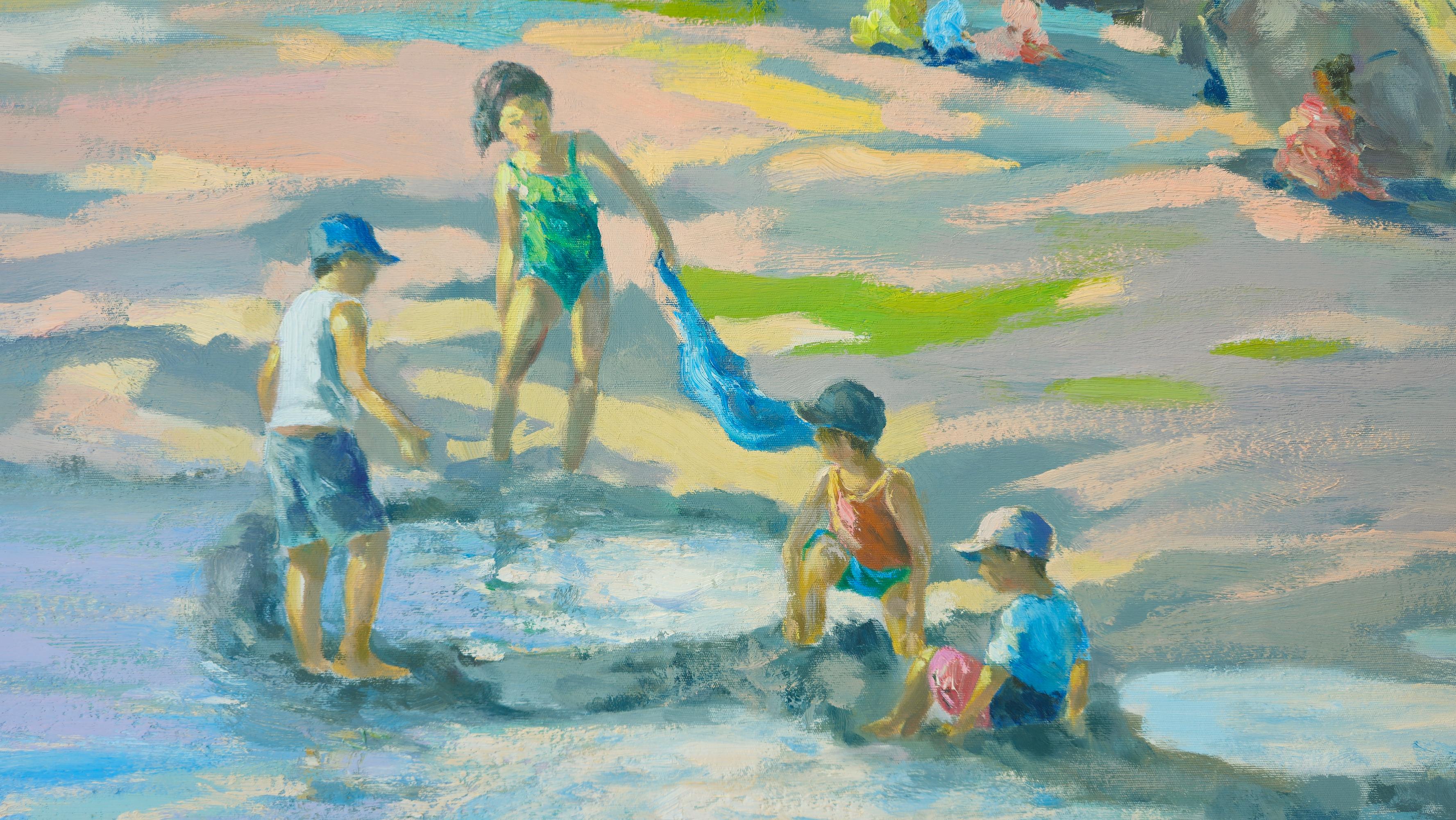 Children in the Beach, Impressionism, Original oil Painting, One of a Kind For Sale 1