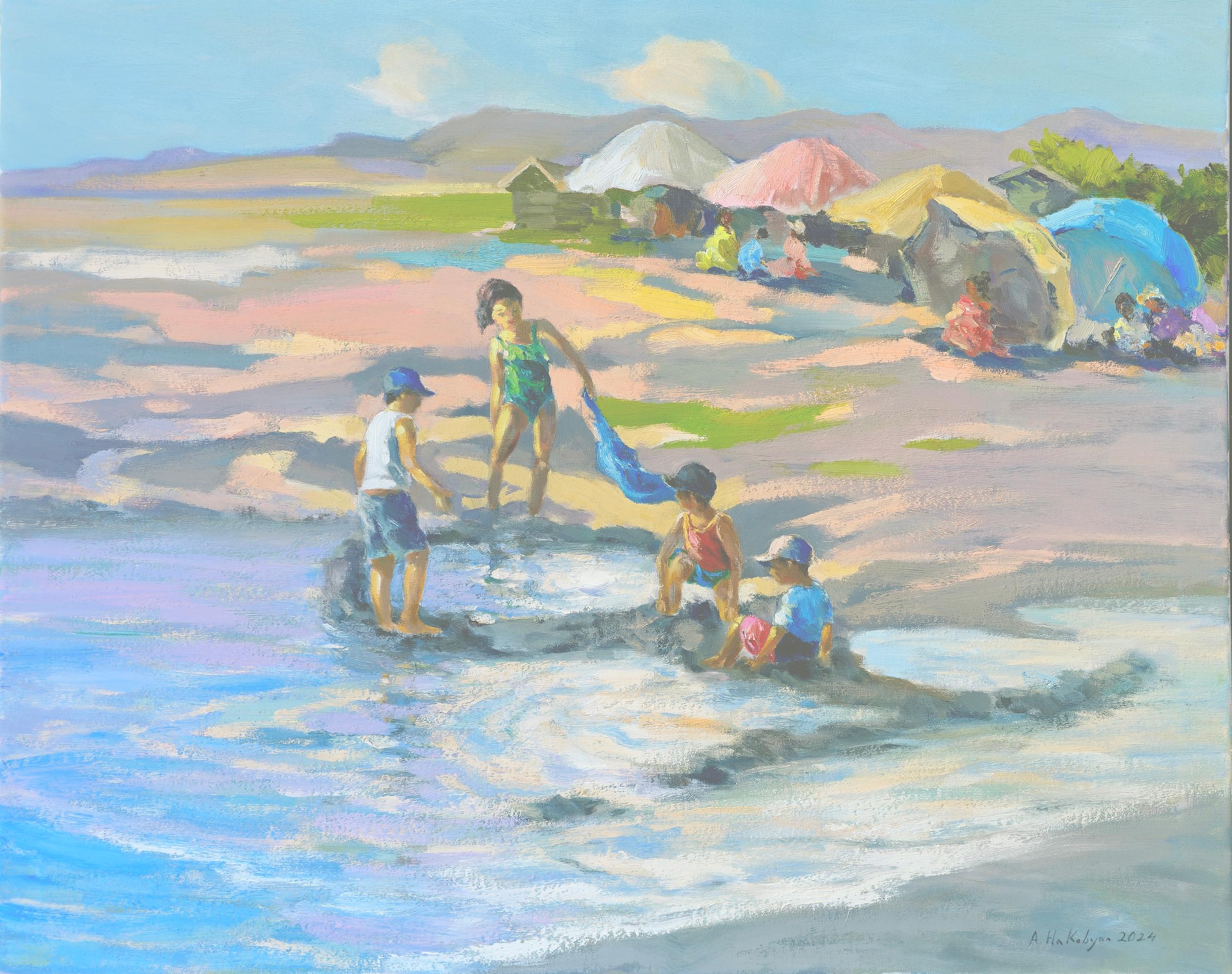 Ara H. Hakobyan Figurative Painting - Children in the Beach, Impressionism, Original oil Painting, One of a Kind
