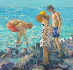 Children on sea stone, Coastal, Figurative, Original oil Painting, One of a Kind