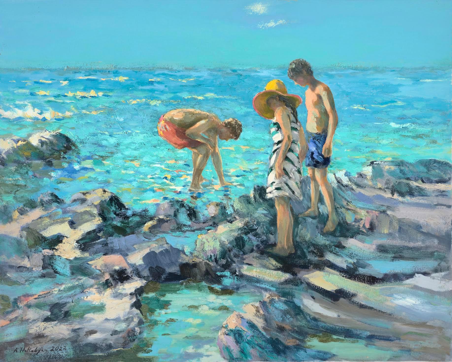 Children on sea stone, Coastal, Figurative, peinture à l'huile originale, unique en son genre
