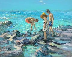 Children on sea stone, Coastal, Figurative, Original oil Painting, One of a Kind