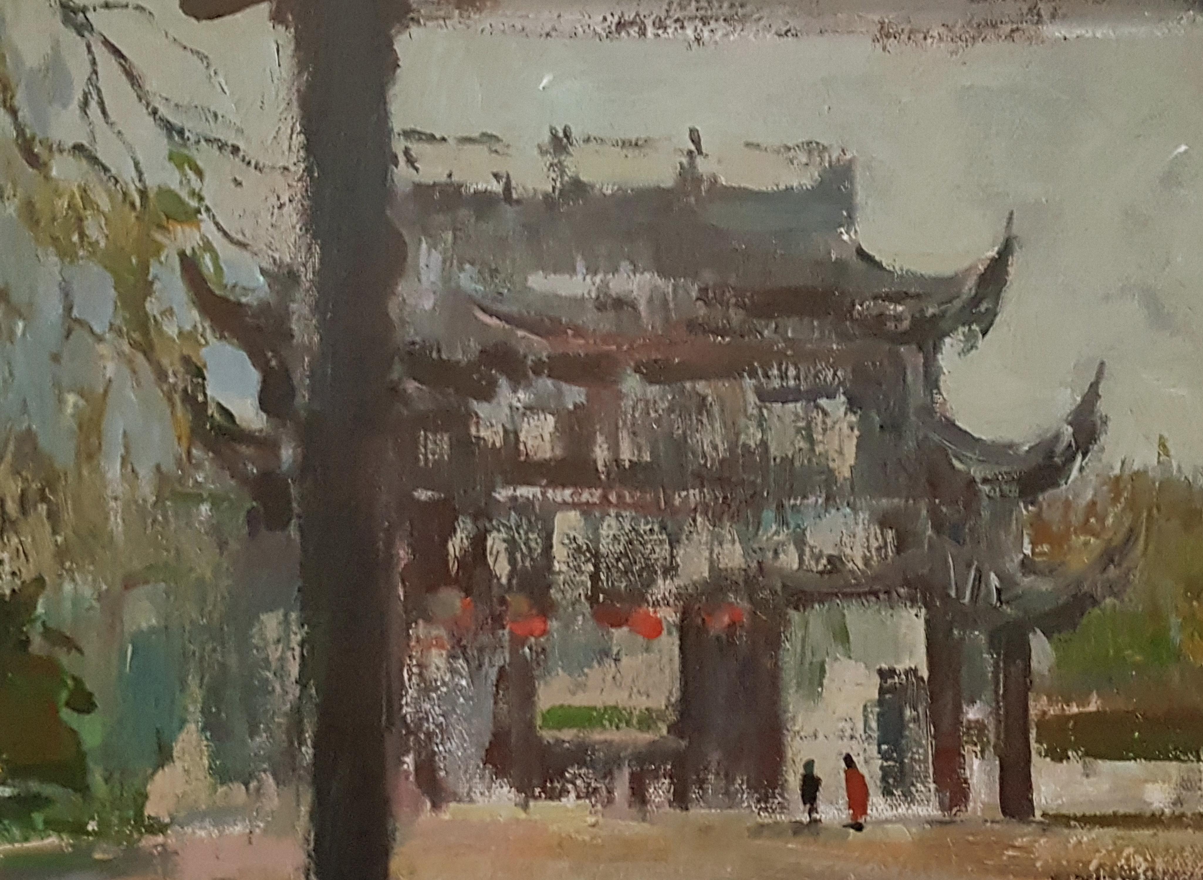 Monasserie chinoise, impressionnisme, peinture originale, unique en son genre - Painting de Ara H. Hakobyan