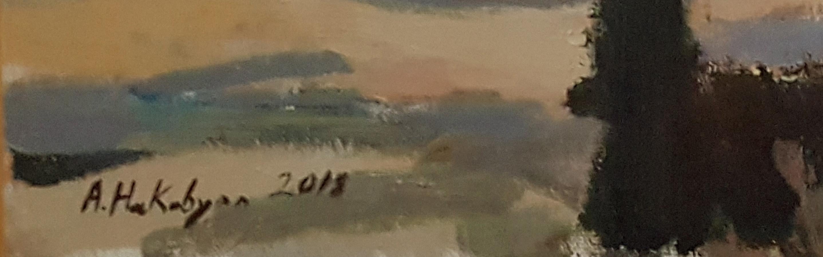 Monasserie chinoise, impressionnisme, peinture originale, unique en son genre - Gris Landscape Painting par Ara H. Hakobyan