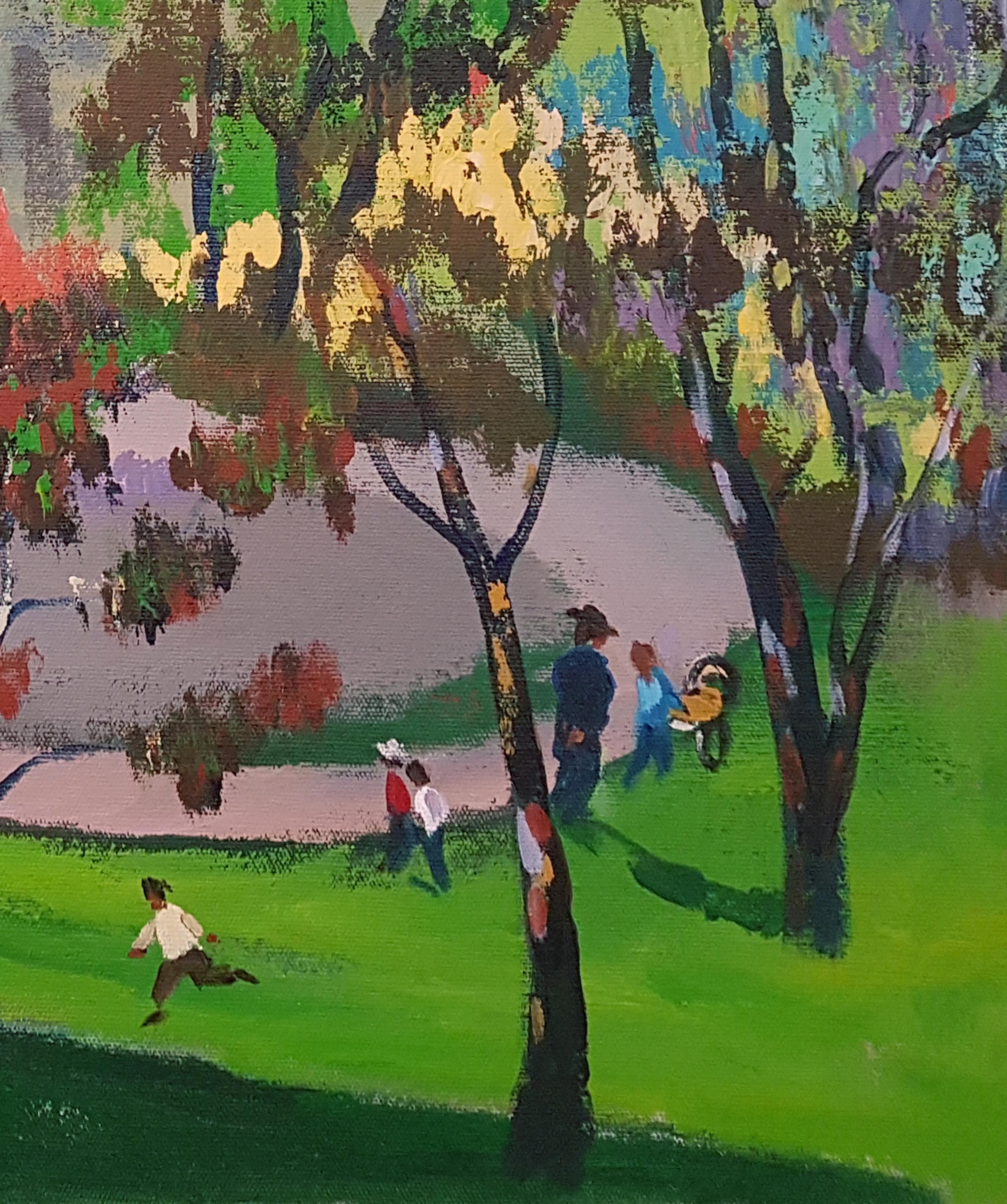 City Park, Impressionism, Original Painting, One of a Kind - Gray Landscape Painting by Ara H. Hakobyan