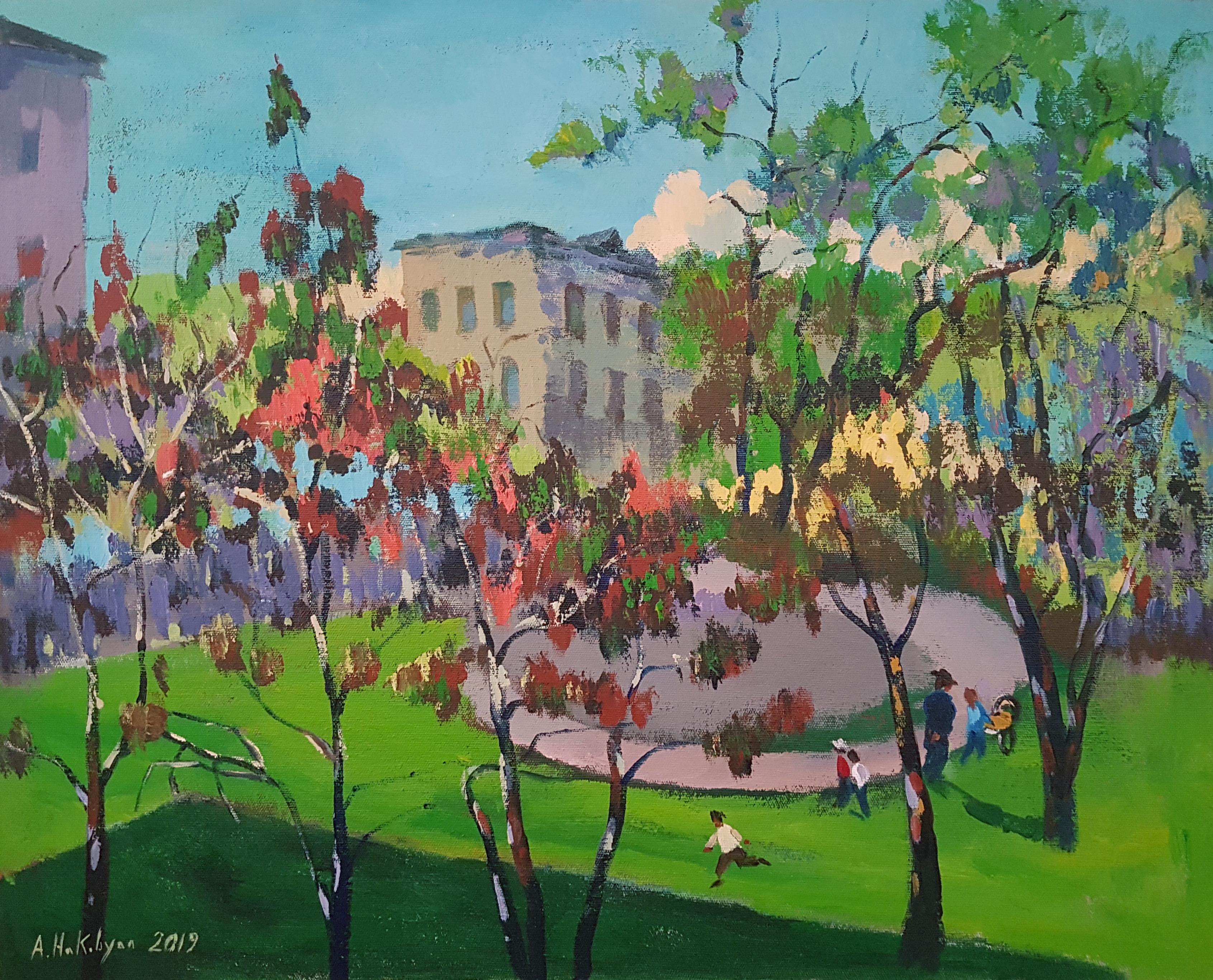 Ara H. Hakobyan Landscape Painting - City Park, Impressionism, Original Painting, One of a Kind