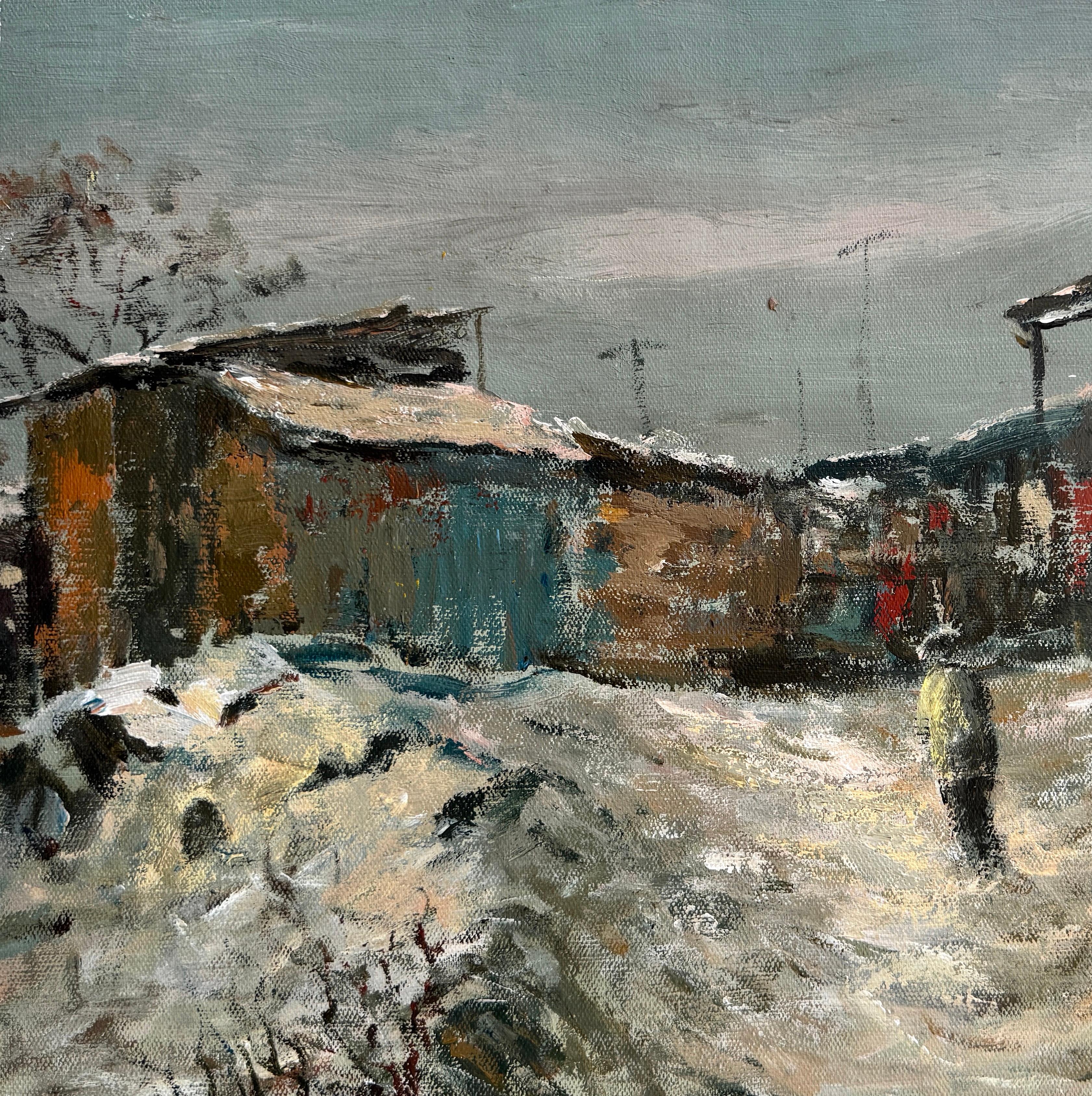 Cold Winter, Impressionism, Landscape, Original oil Painting, One of a Kind - Gray Landscape Painting by Ara H. Hakobyan