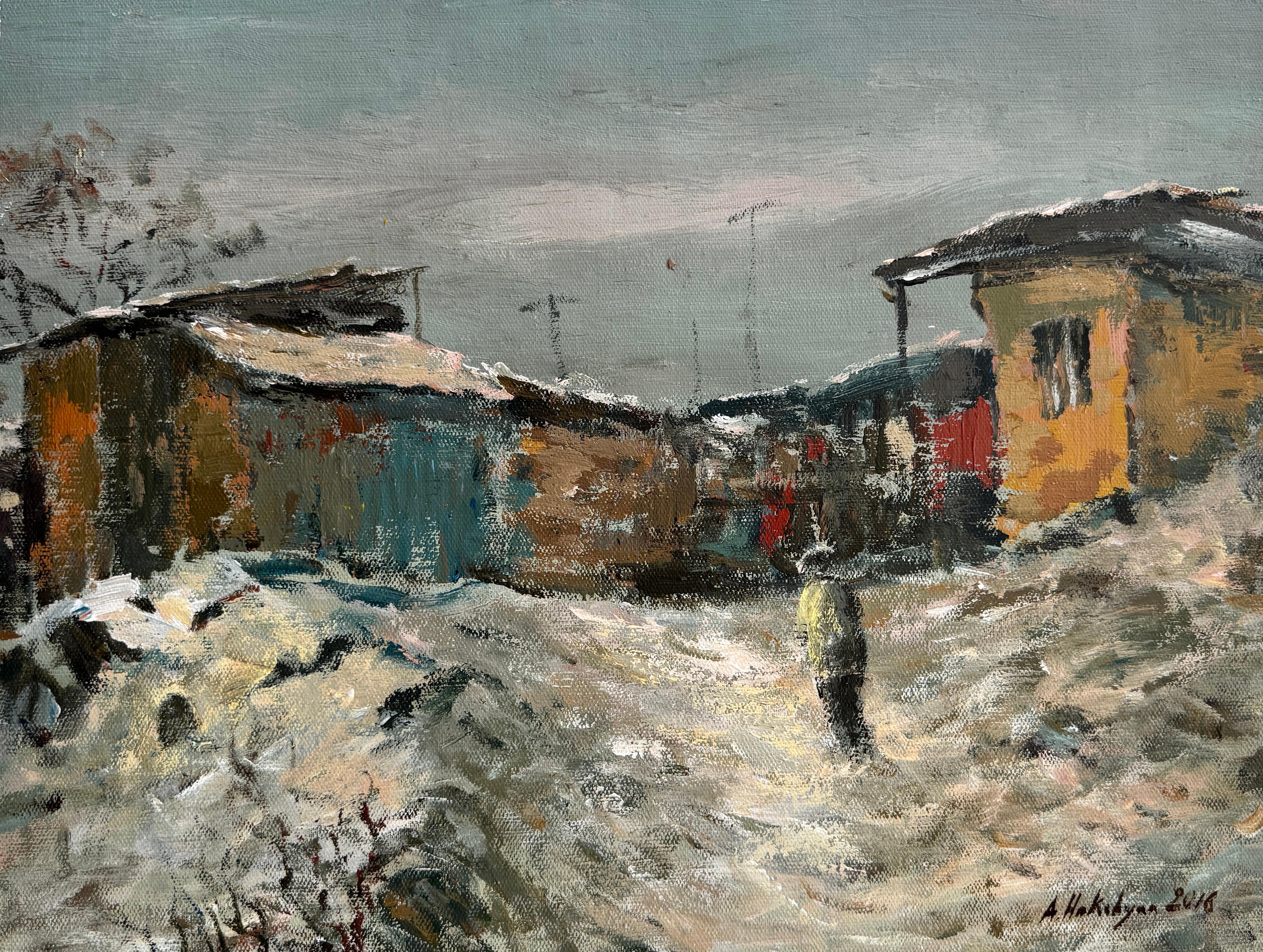 Impressionnisme, paysage, peinture à l'huile originale, hiver froid, unique en son genre
