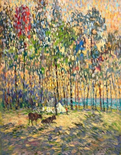 Les vaches, paysage, impressionnisme, peinture à l'huile originale, unique en son genre