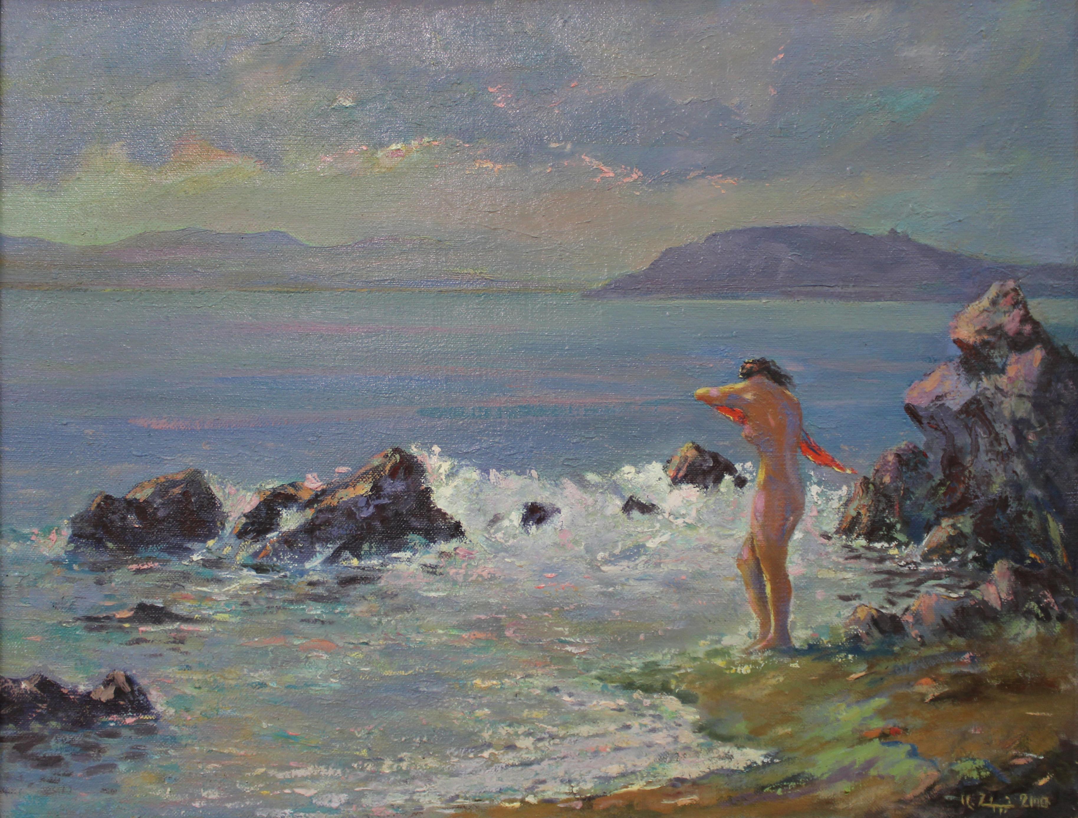 Landscape Painting de Ara H. Hakobyan - Brisa vespertina, Impresionismo costero Pintura al óleo original, Única en su género