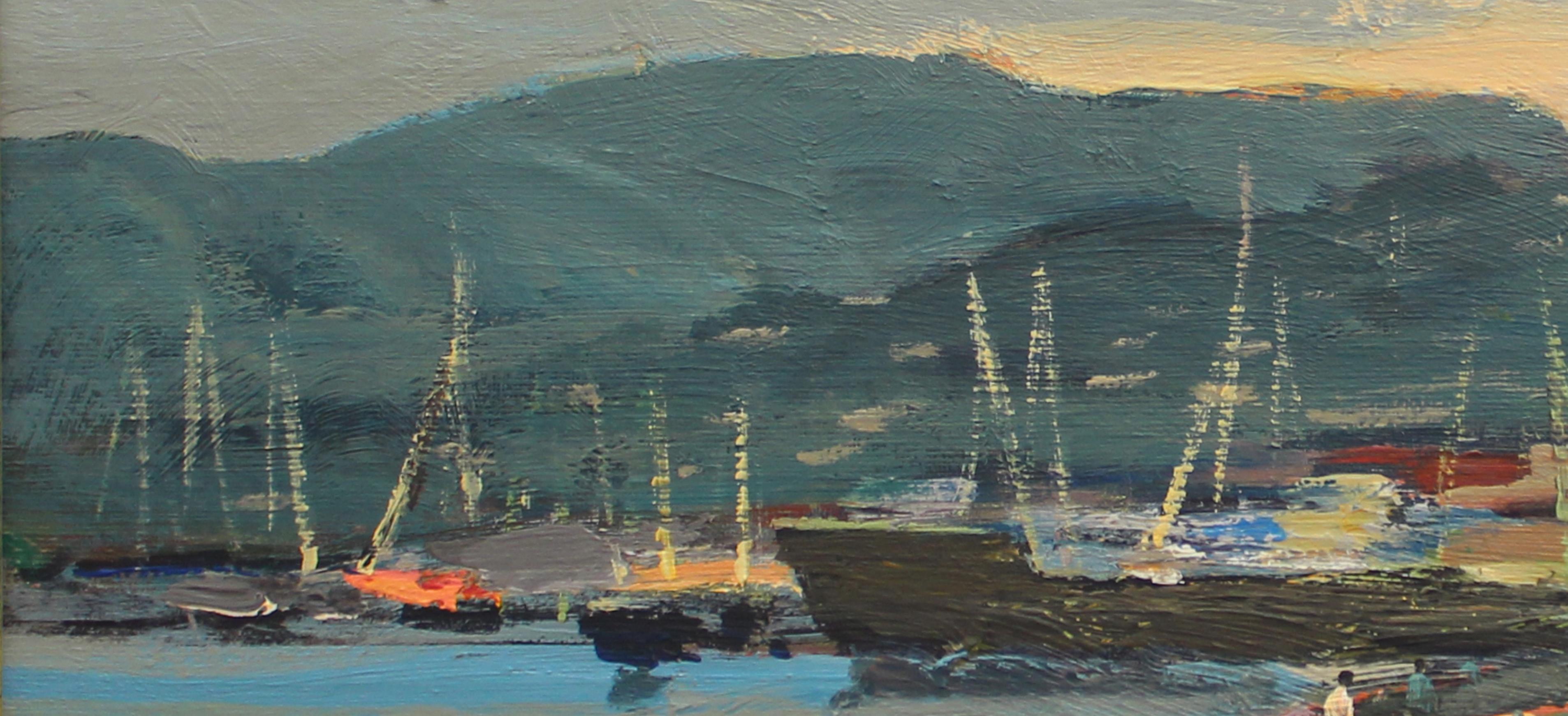 Vista serale di un porto, Porto, Pittura ad olio originale, Pezzo unico - Painting di Ara H. Hakobyan