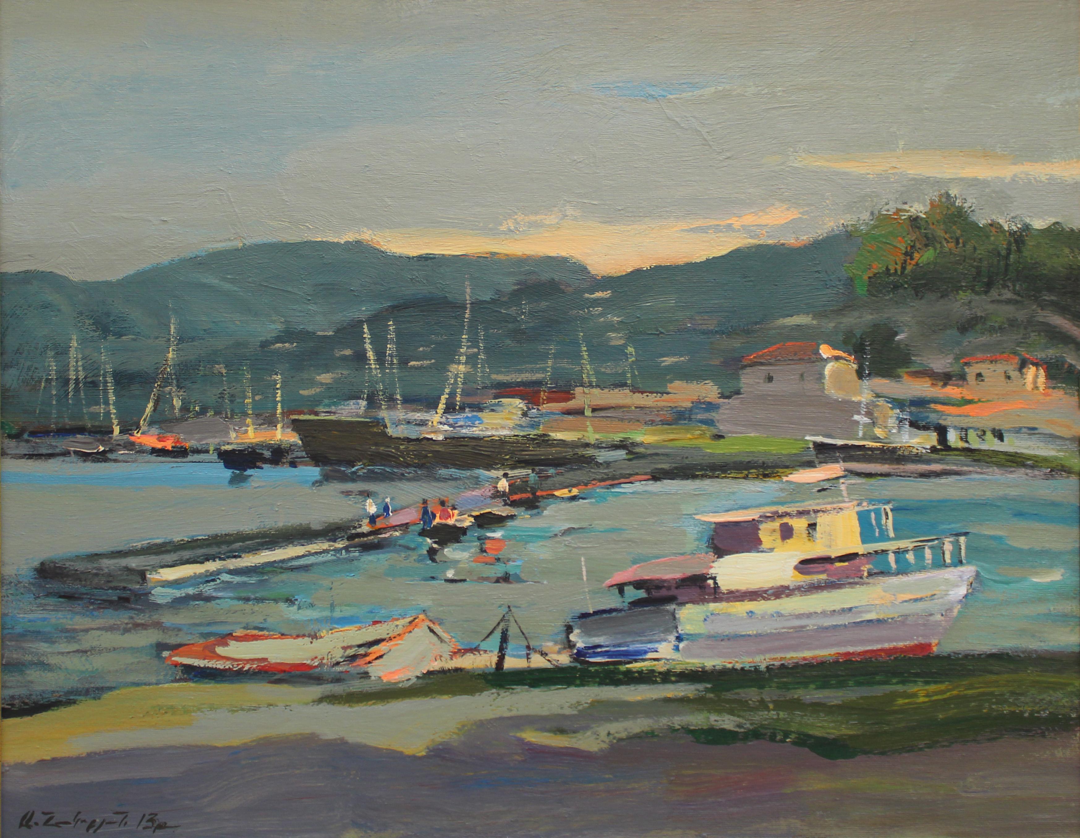 Landscape Painting di Ara H. Hakobyan - Vista serale di un porto, Porto, Pittura ad olio originale, Pezzo unico