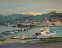 View a Port, Harbor, peinture à l'huile originale, unique en son genre