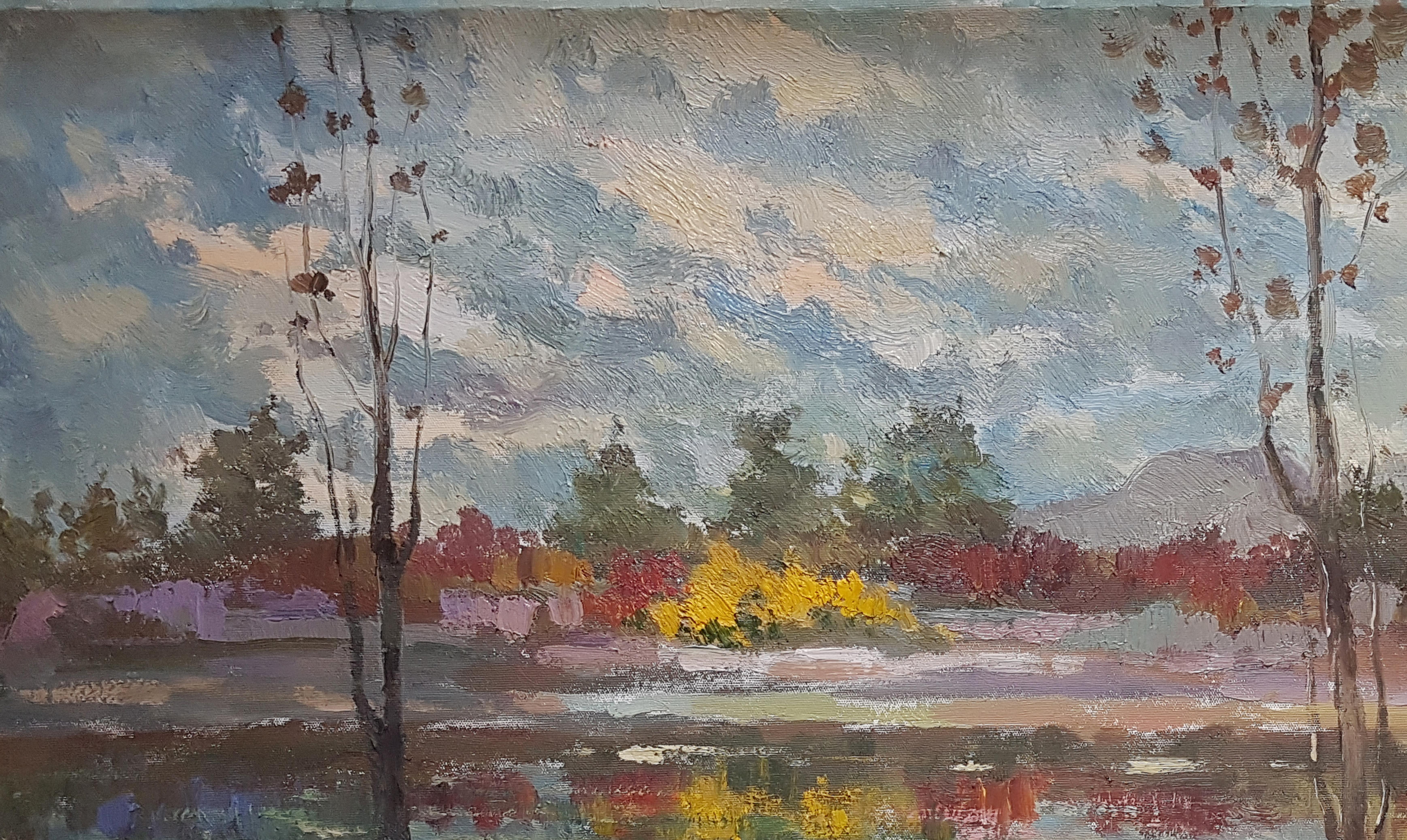 Fall Landscape, Impressionism, Original oil Painting, One of a Kind - Gray Landscape Painting by Ara H. Hakobyan