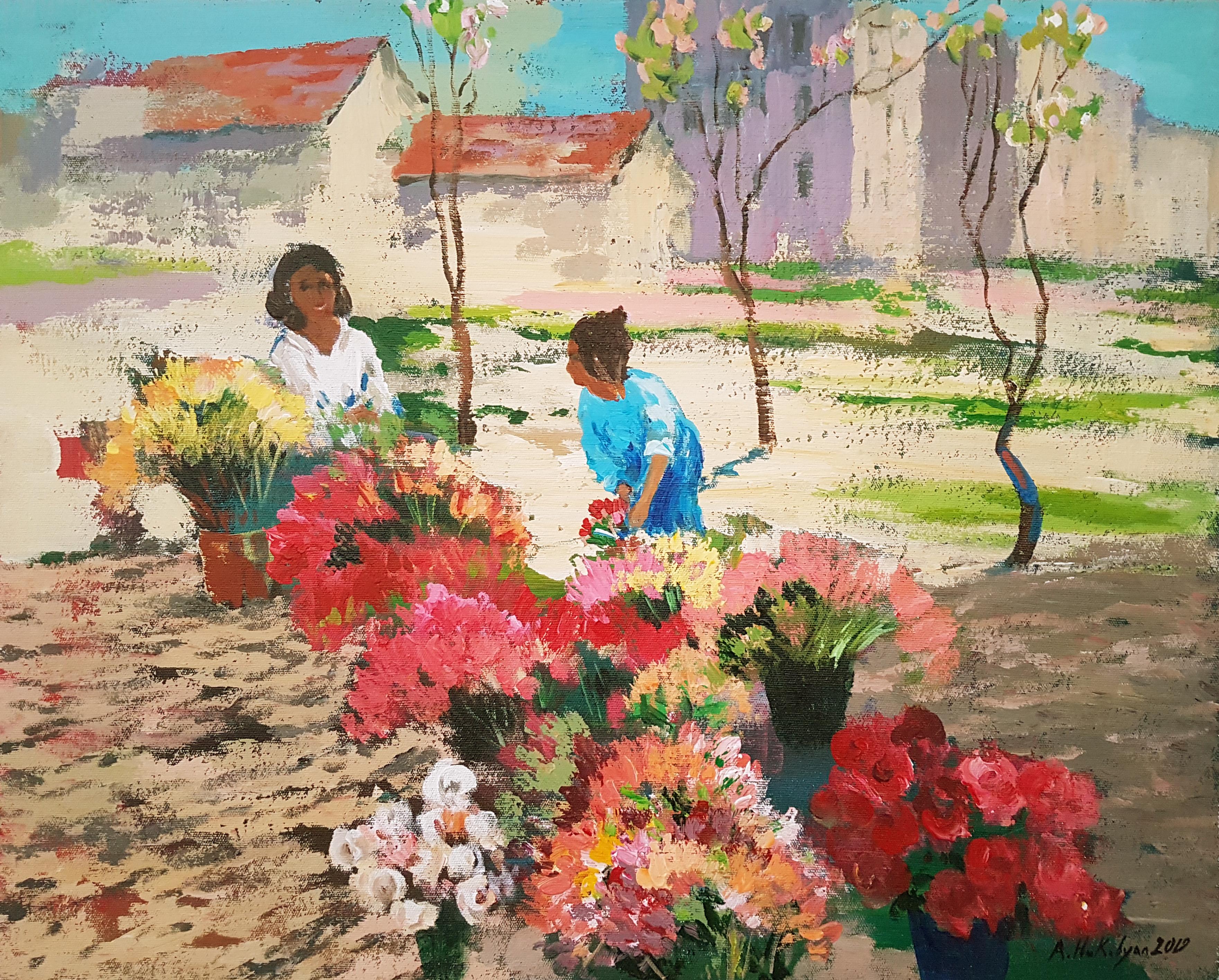 Ara H. Hakobyan Figurative Painting - Flower Sellers, Figurative, Original Painting, One of a Kind