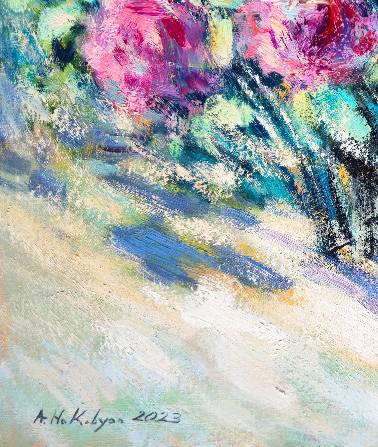 Fiori, Impressionismo, Pittura ad olio originale, Pezzo unico, Pronto da appendere - Landscape Painting Grigio di Ara H. Hakobyan