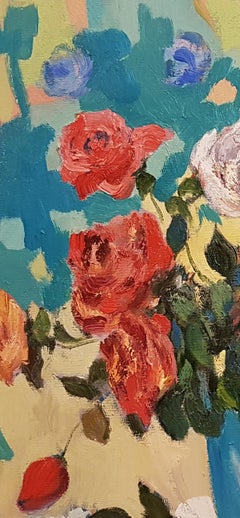 Flowers on a white table cloth, Original Oil Painting, One of a Kind