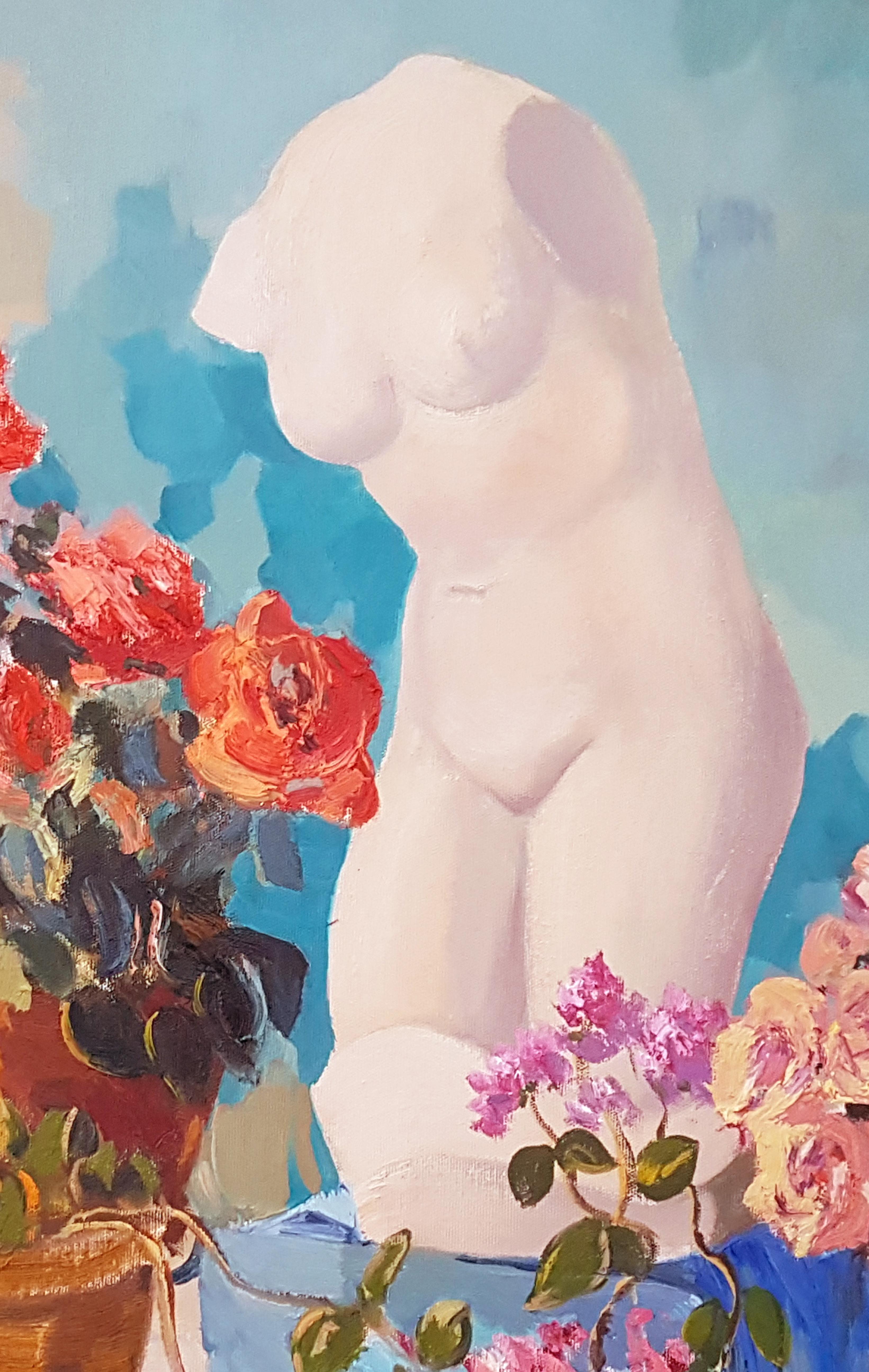 Fleurs avec statue, nature morte, peinture à l'huile originale, unique en son genre - Painting de Ara H. Hakobyan