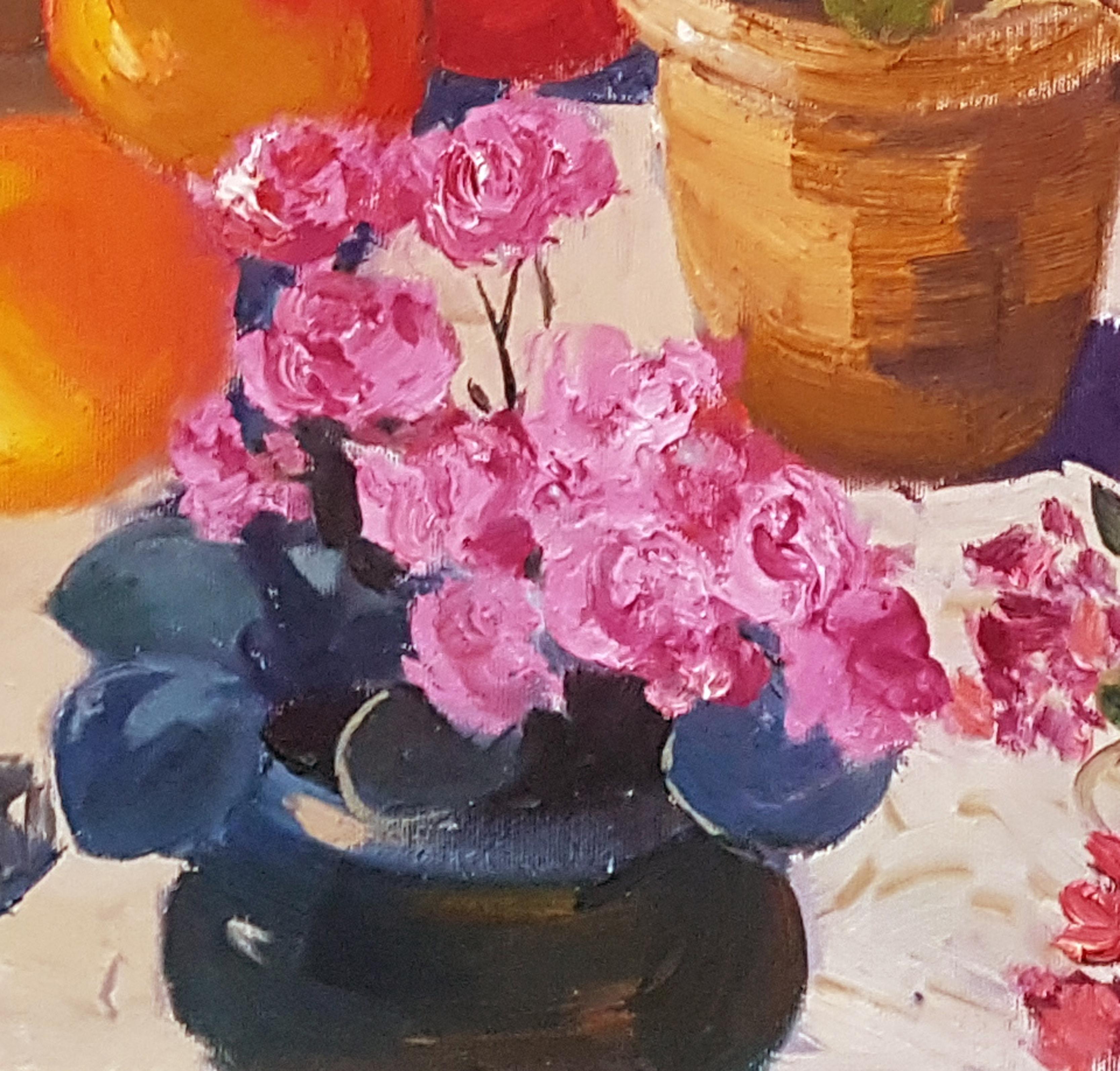 Flowers with a Statue, Still Life, Original Oil Painting, One of a Kind For Sale 1
