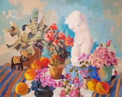 Fleurs avec statue, nature morte, peinture à l'huile originale, unique en son genre