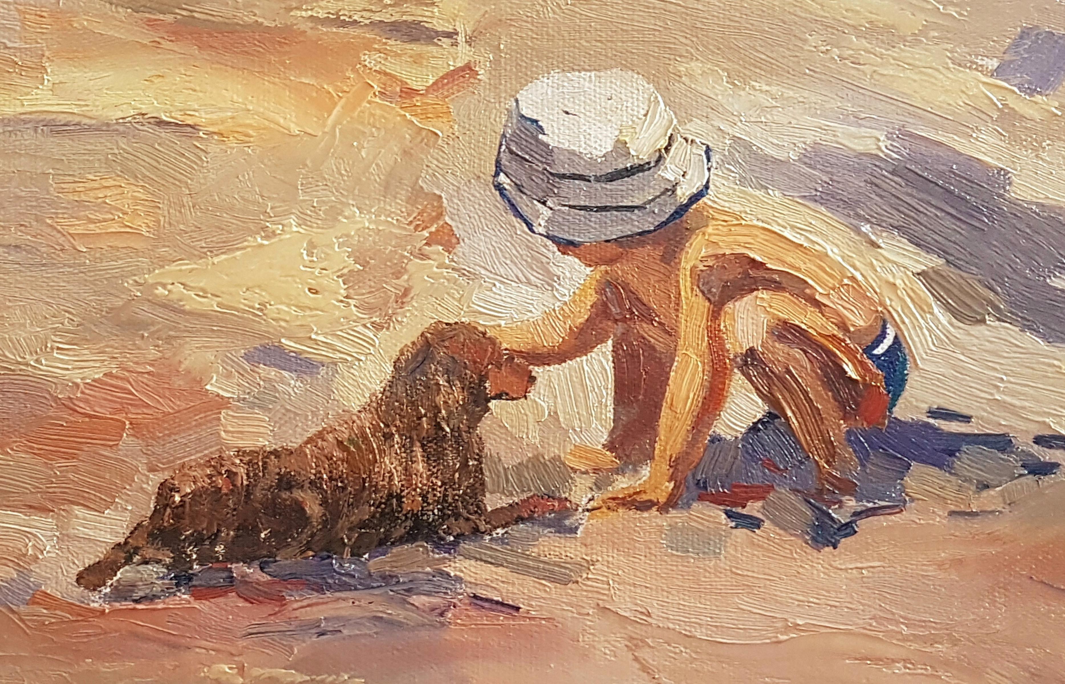 Fun Day, Coastal, Beach, Figurative, Original oil Painting, One of a Kind - Brown Landscape Painting by Ara H. Hakobyan