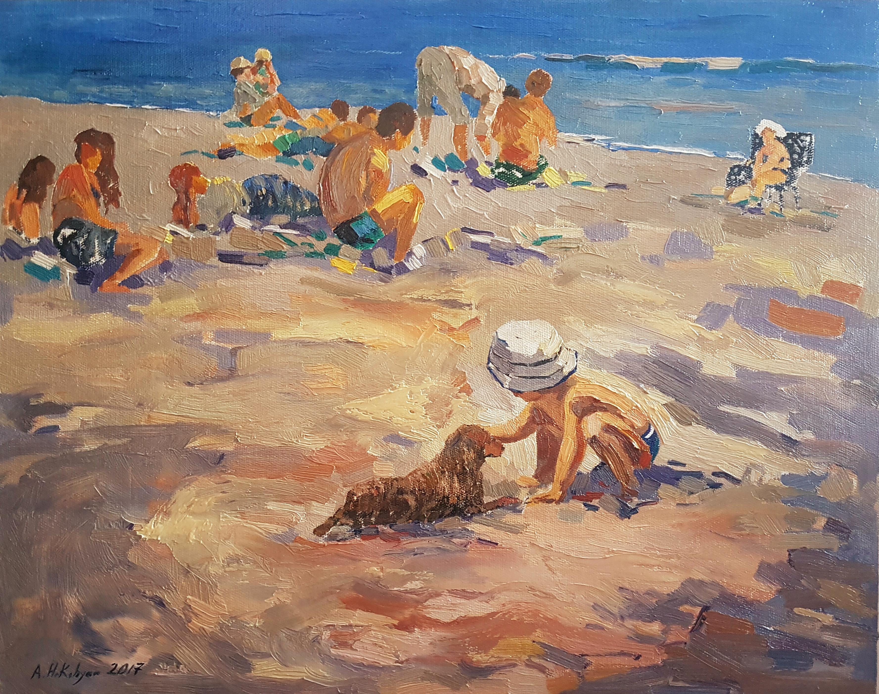Ara H. Hakobyan Landscape Painting - Fun Day, Coastal, Beach, Figurative, Original oil Painting, One of a Kind