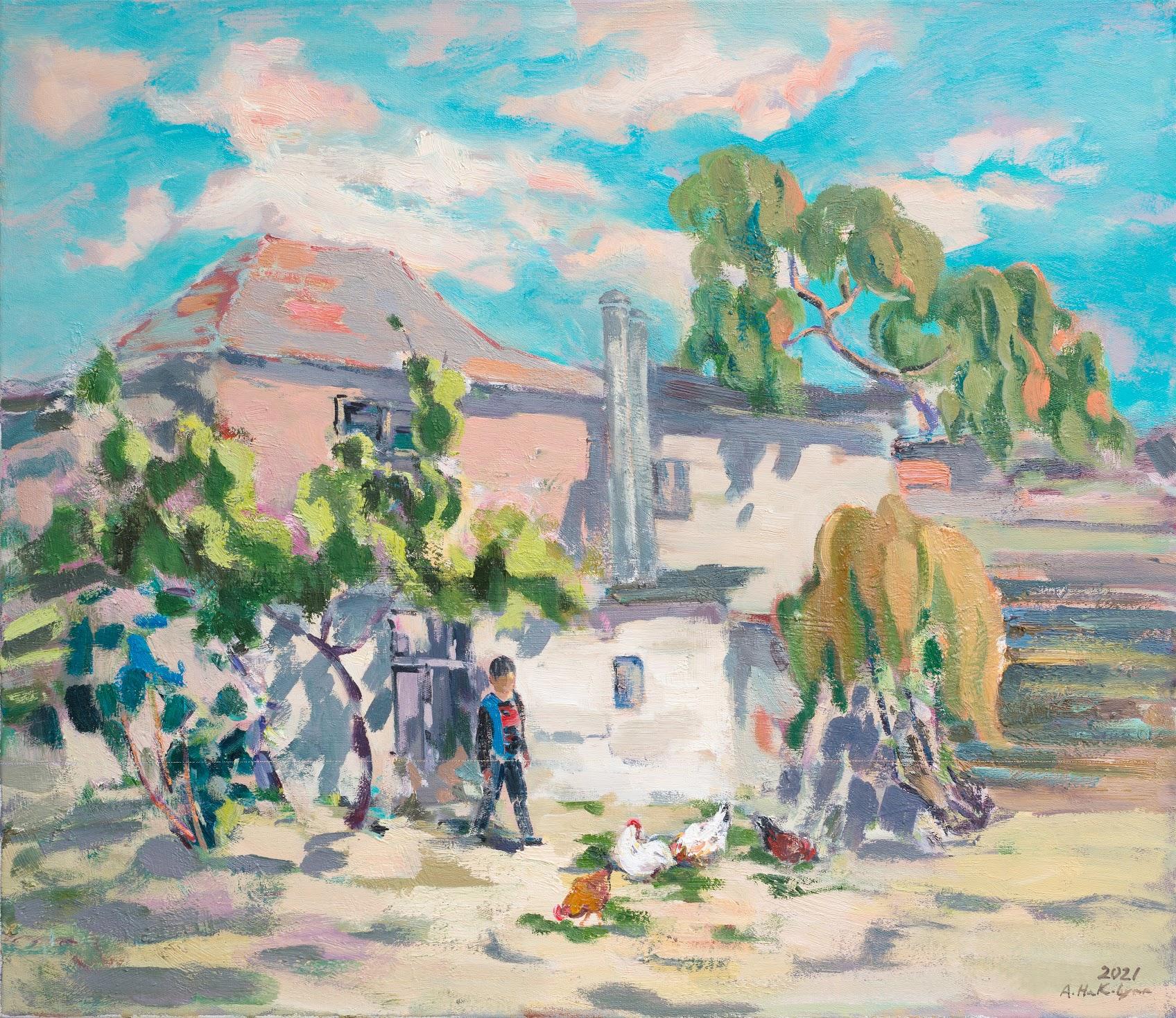 Ara H. Hakobyan Landscape Painting - In our Yard, Landscape, Original oil Painting, One of a Kind