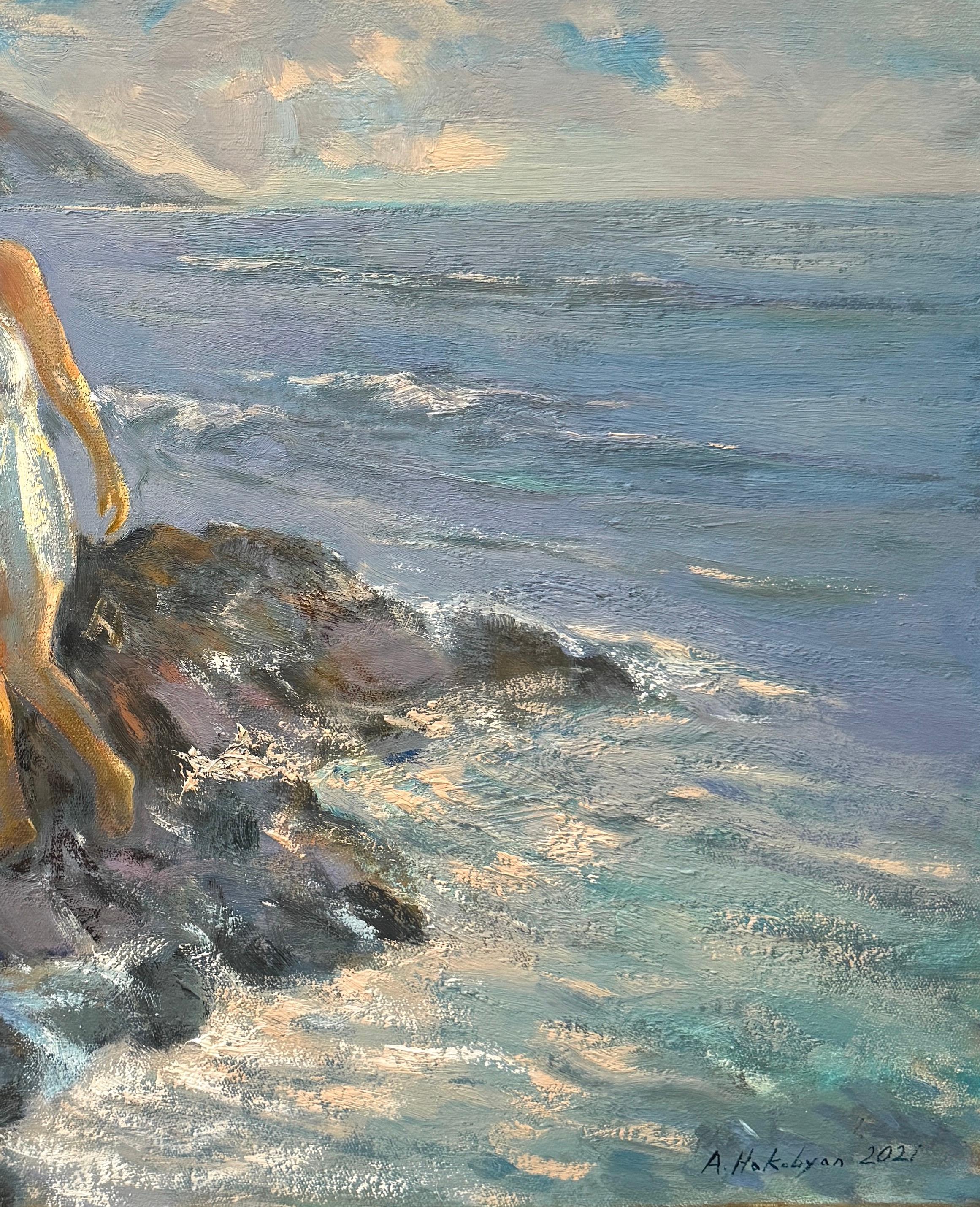 En la playa, arte figurativo Impresionismo, Pintura al óleo original, Único en su género - Painting de Ara H. Hakobyan