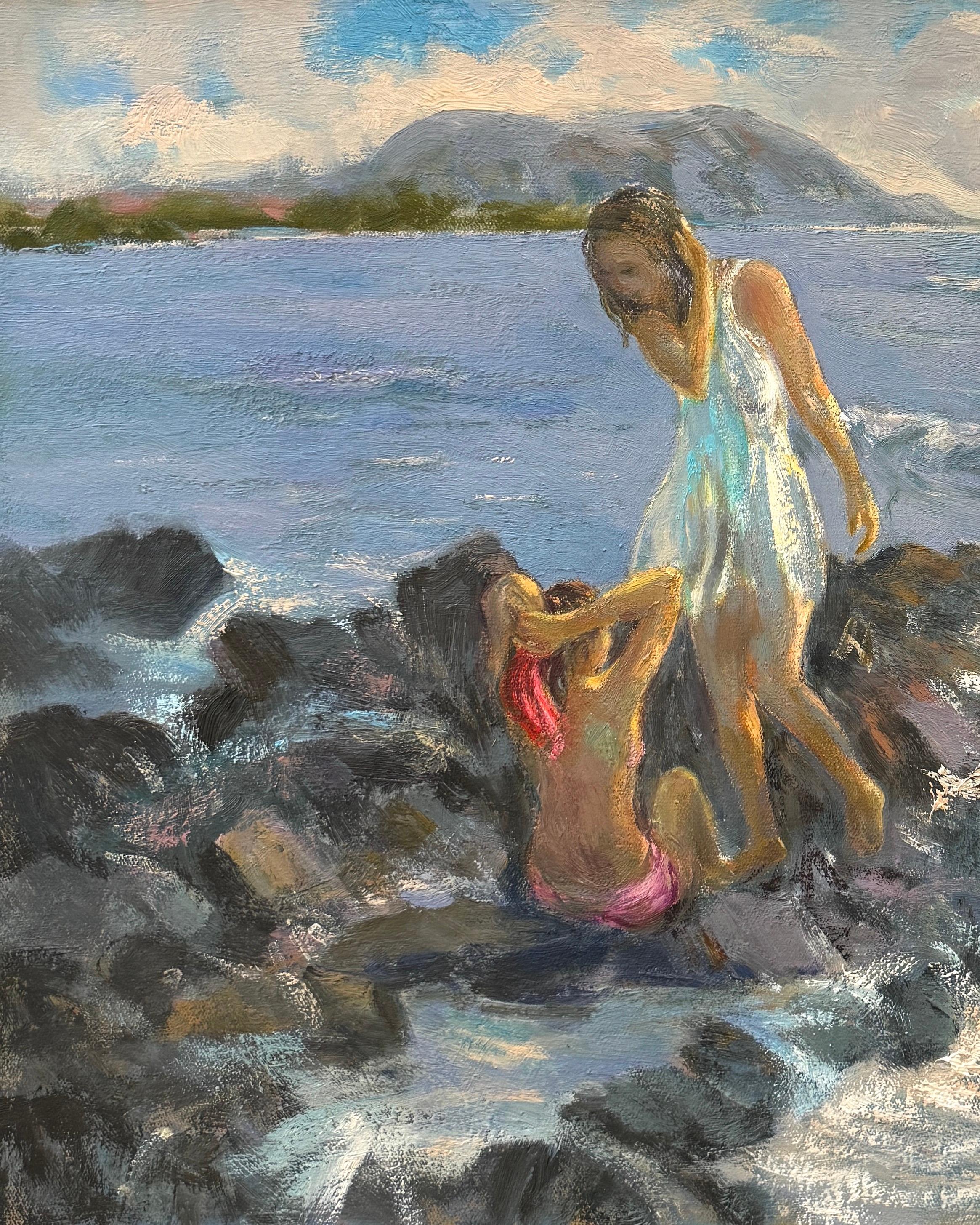 In the Beach, figurative, Impressionism, Original oil Painting, One of a Kind For Sale 1