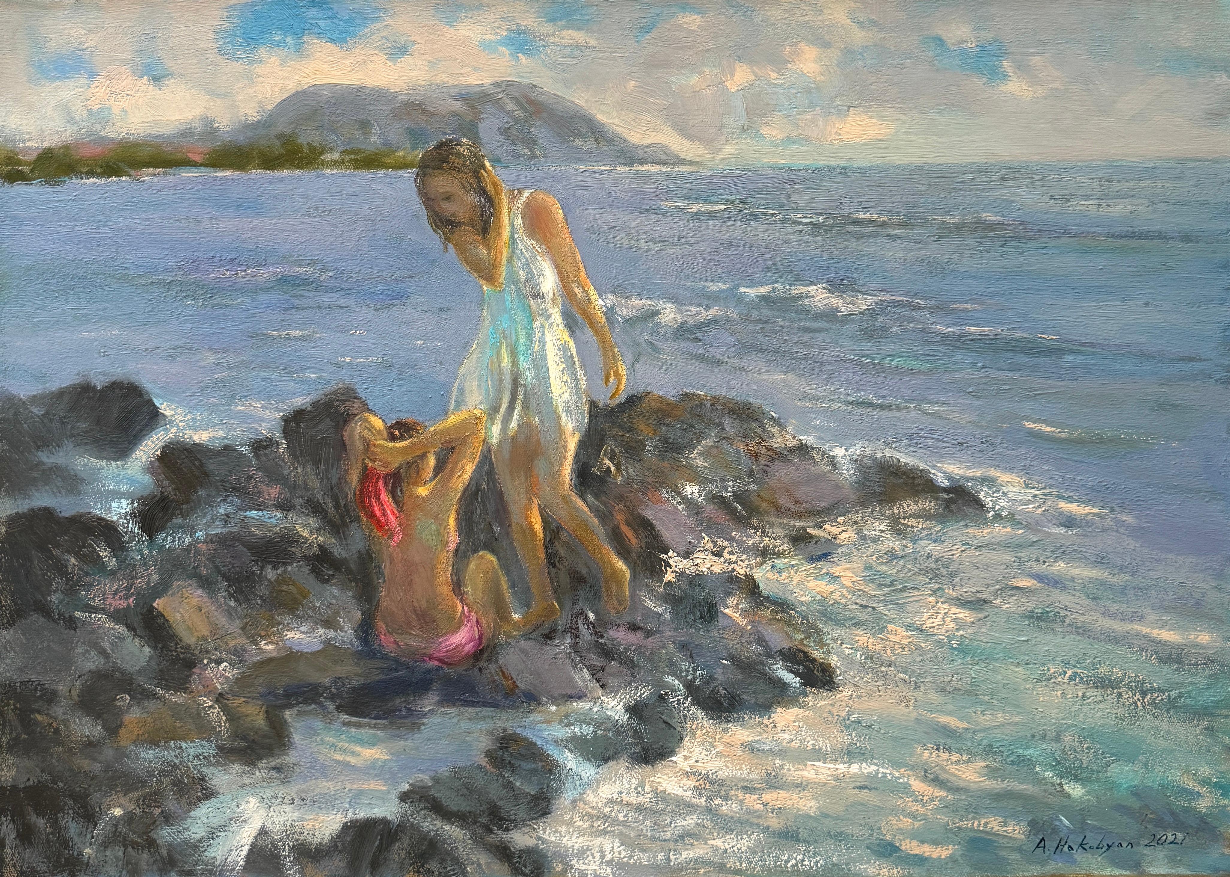 Landscape Painting Ara H. Hakobyan - In the Beach, figuratif, impressionnisme, peinture à l'huile originale, unique en son genre