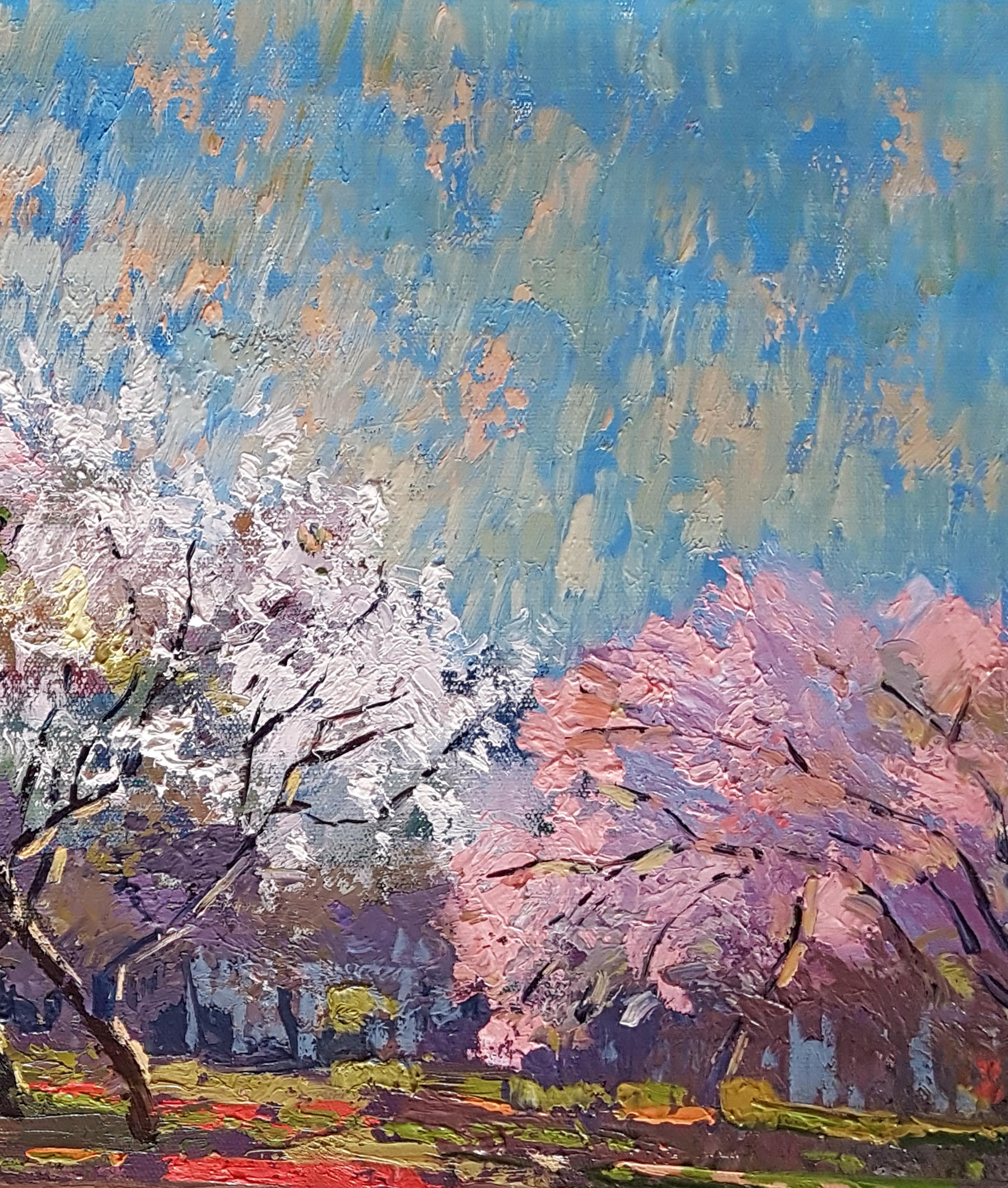 In the Garden, Blossom trees Impressionism, Original oil Painting, One of a Kind - Brown Landscape Painting by Ara H. Hakobyan