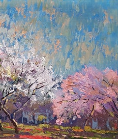 In the Garden, Blossom trees Impressionism, Original oil Painting, One of a Kind