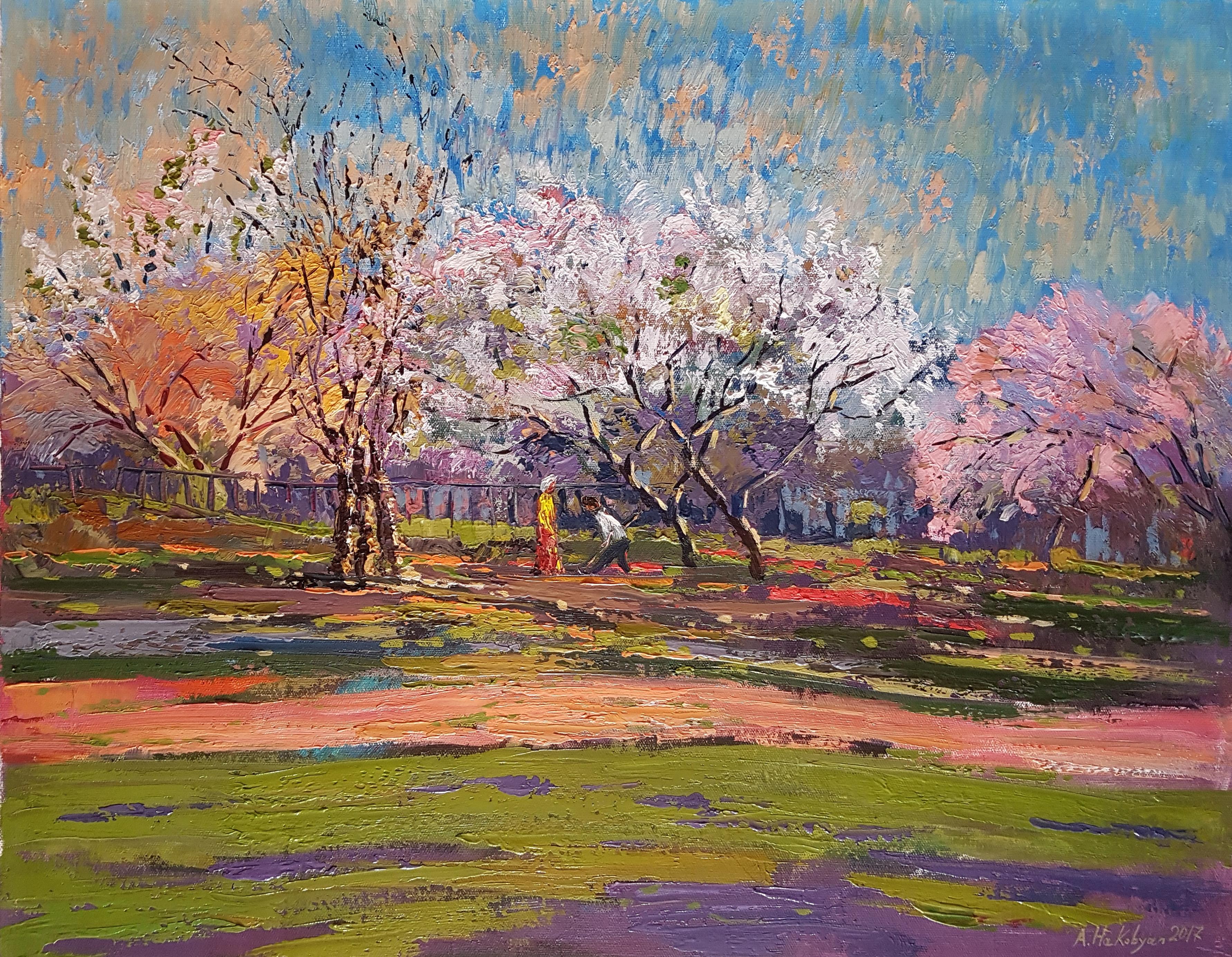 Ara H. Hakobyan Landscape Painting - In the Garden, Blossom trees Impressionism, Original oil Painting, One of a Kind