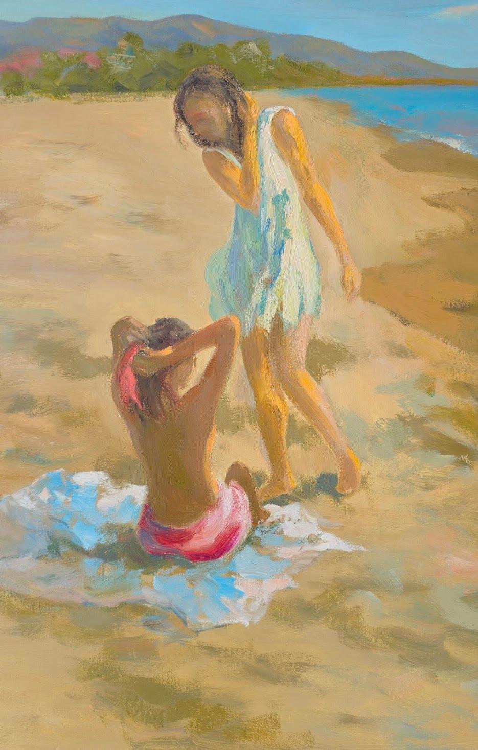 On the Beach, Figurative, Coastal, Original oil Painting, One of a Kind For Sale 1