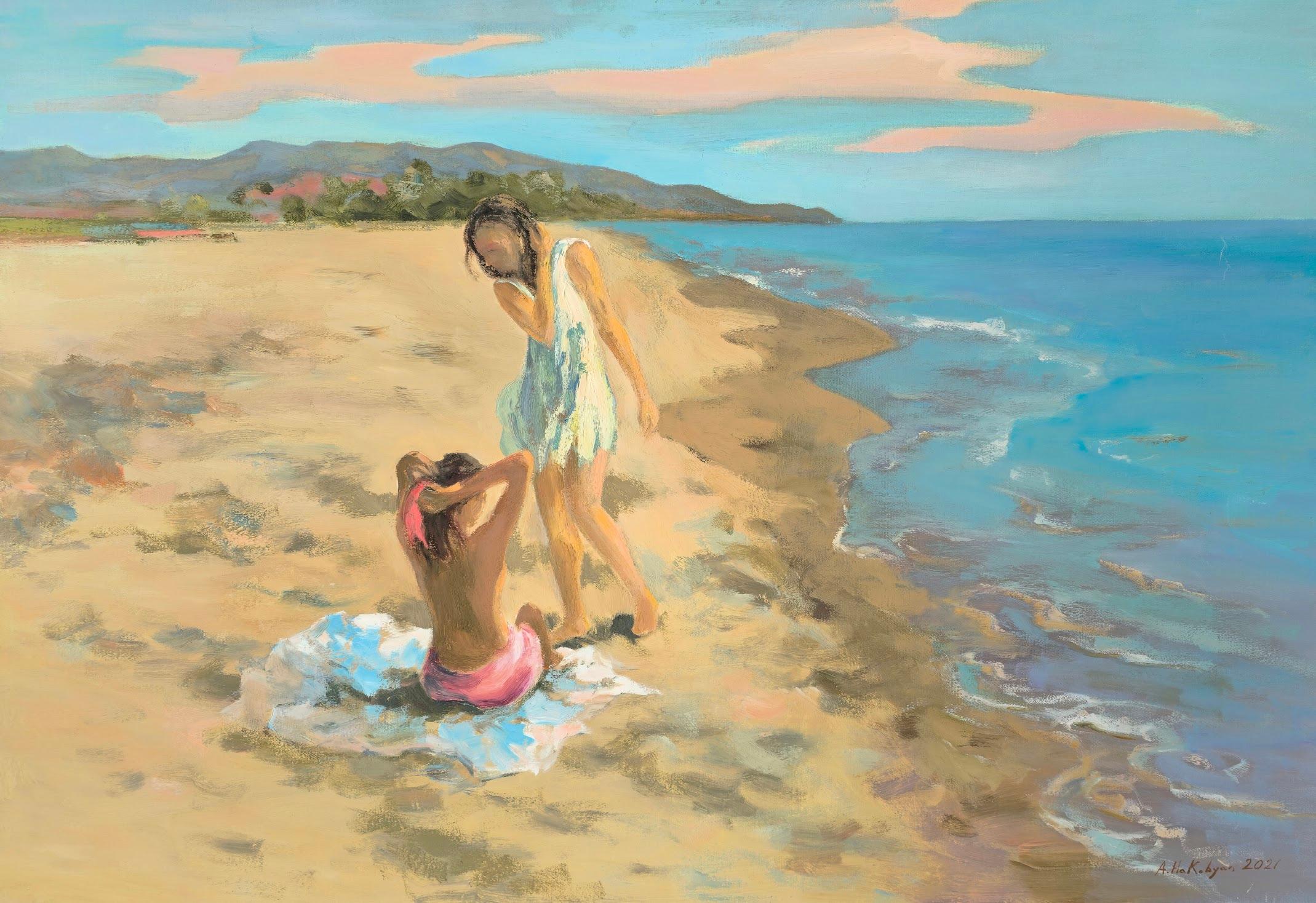 On the Beach, figuratif, côtier, peinture à l'huile originale, unique en son genre