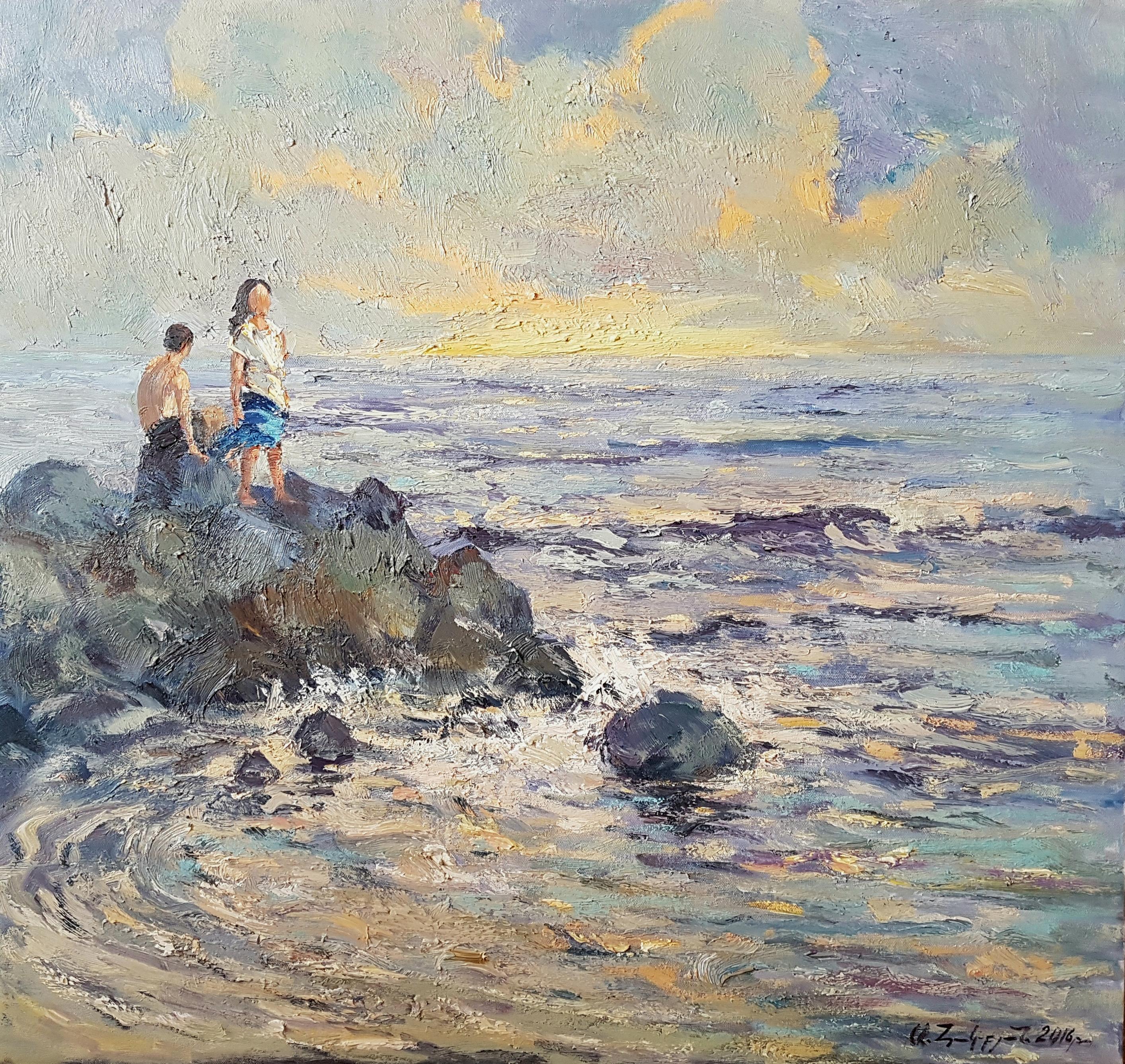 En las rocas, Costero, Impresionismo, Pintura al óleo original, Único en su género - Painting Académico de Ara H. Hakobyan