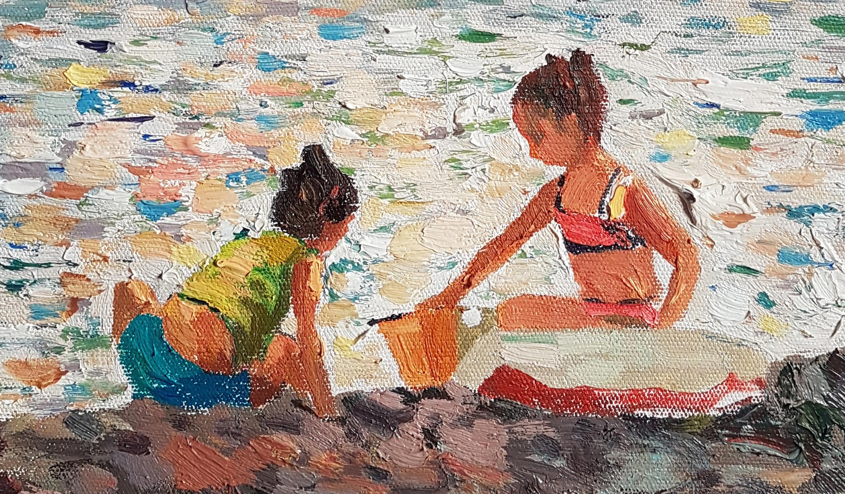Play on the Beach, Impressionism, Original oil Painting, One of a Kind - Brown Landscape Painting by Ara H. Hakobyan