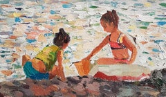 Play on the Beach, Impressionism, Original oil Painting, One of a Kind