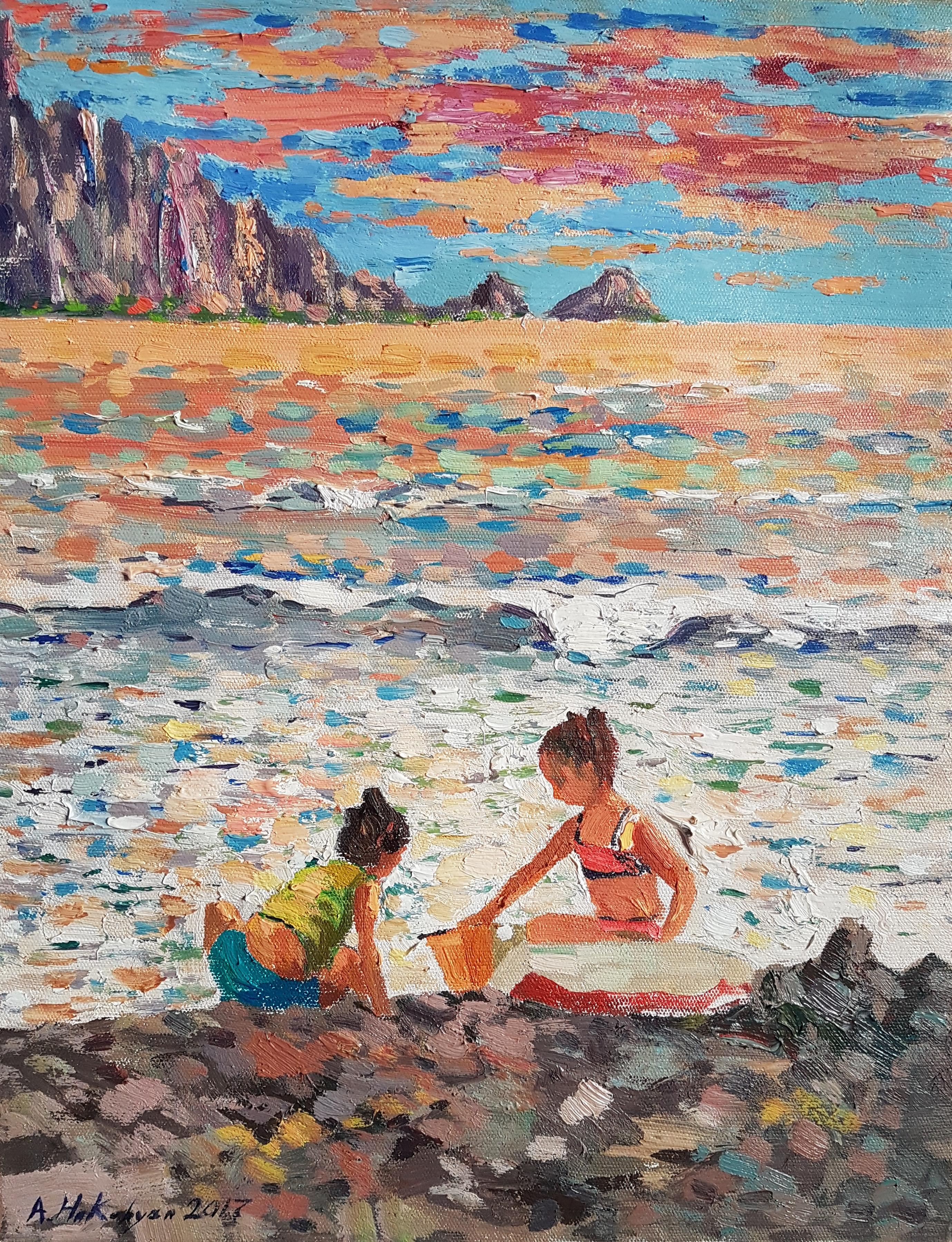 Ara H. Hakobyan Landscape Painting - Play on the Beach, Impressionism, Original oil Painting, One of a Kind