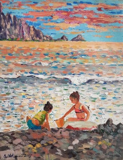 Play on the Beach, Impressionism, Original oil Painting, One of a Kind