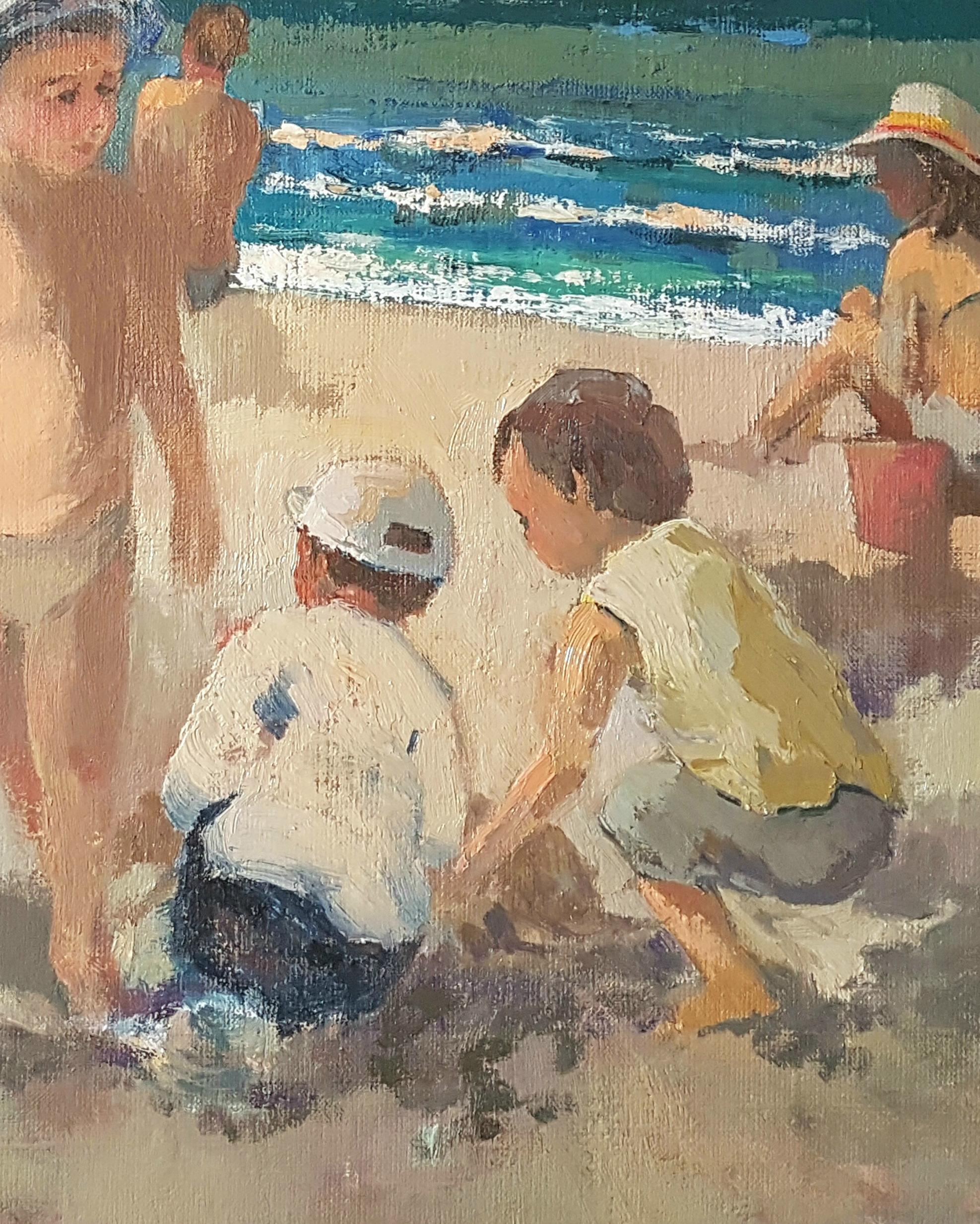 Playing with Sand, Figurative, Coastal, Original oil Painting, One of a Kind - Brown Landscape Painting by Ara H. Hakobyan