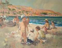 Jouer avec le sable, figuratif, côtier, peinture à l'huile originale, unique en son genre